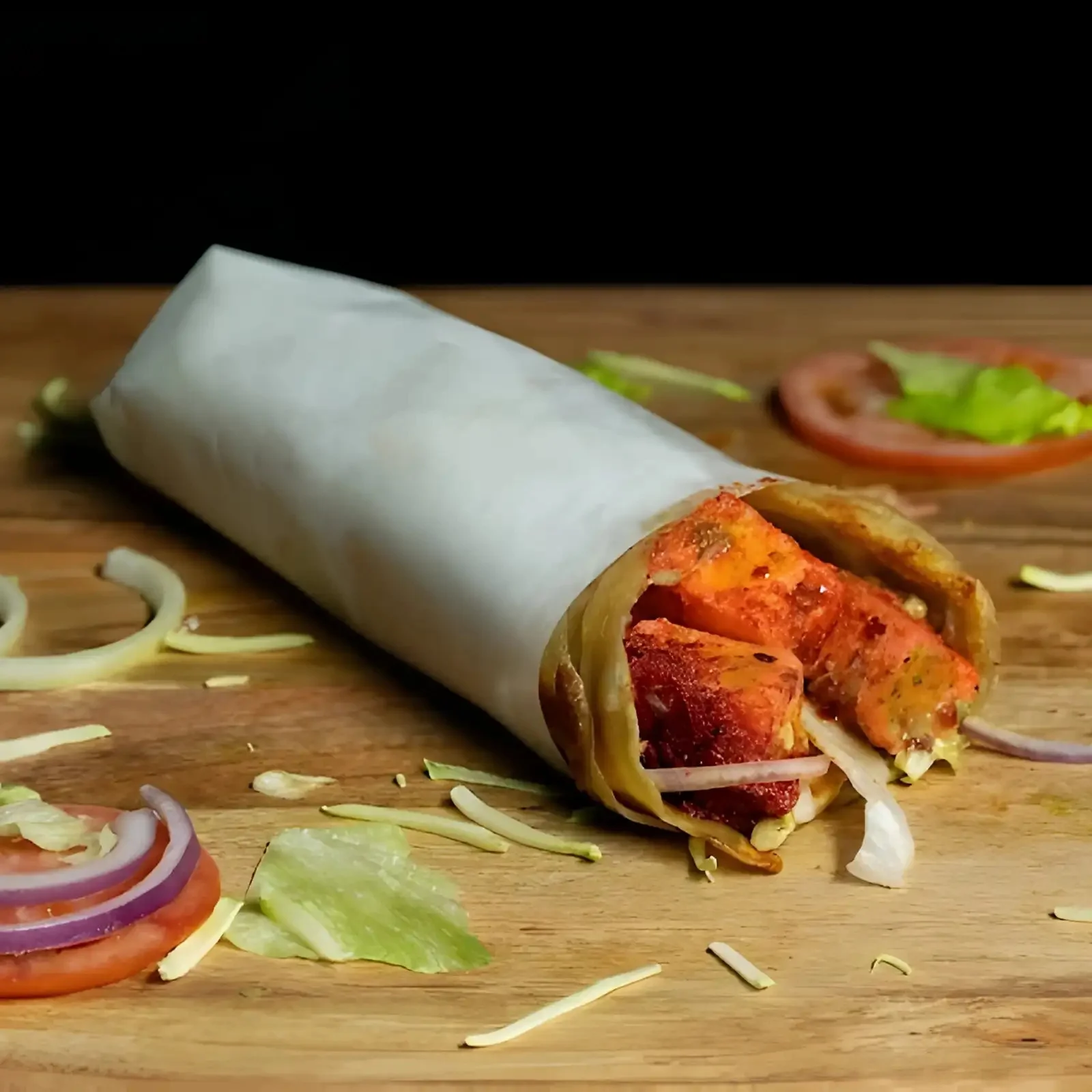 Delicious Indian paneer wrap with fresh vegetables