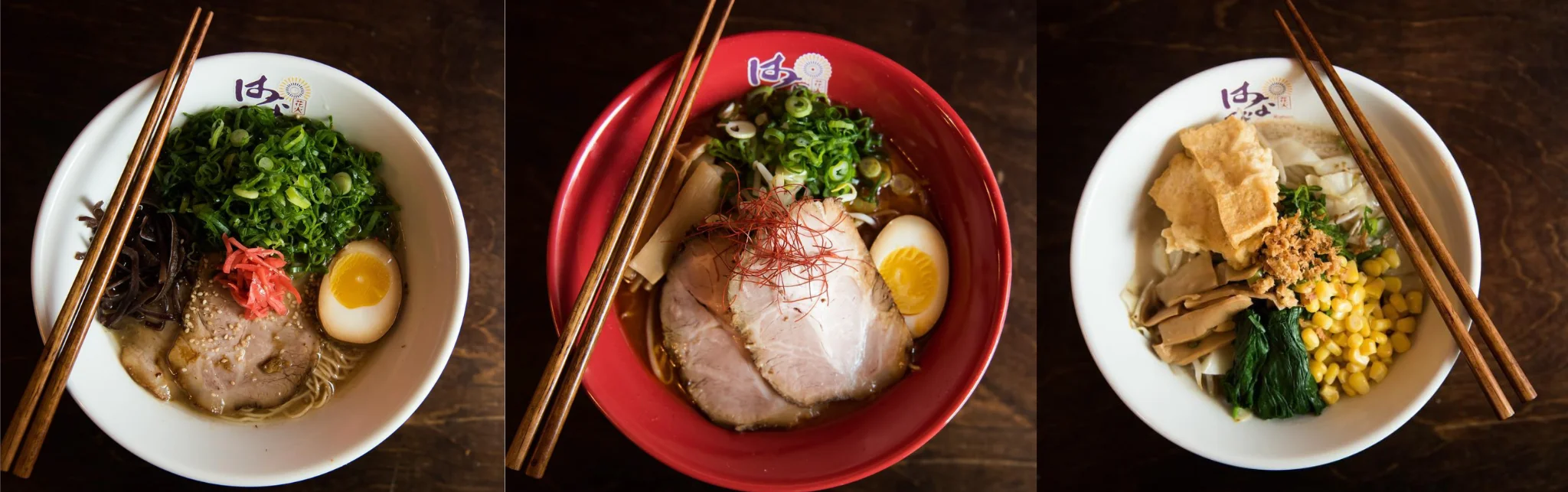 Japanese ramen bowls with toppings and broth