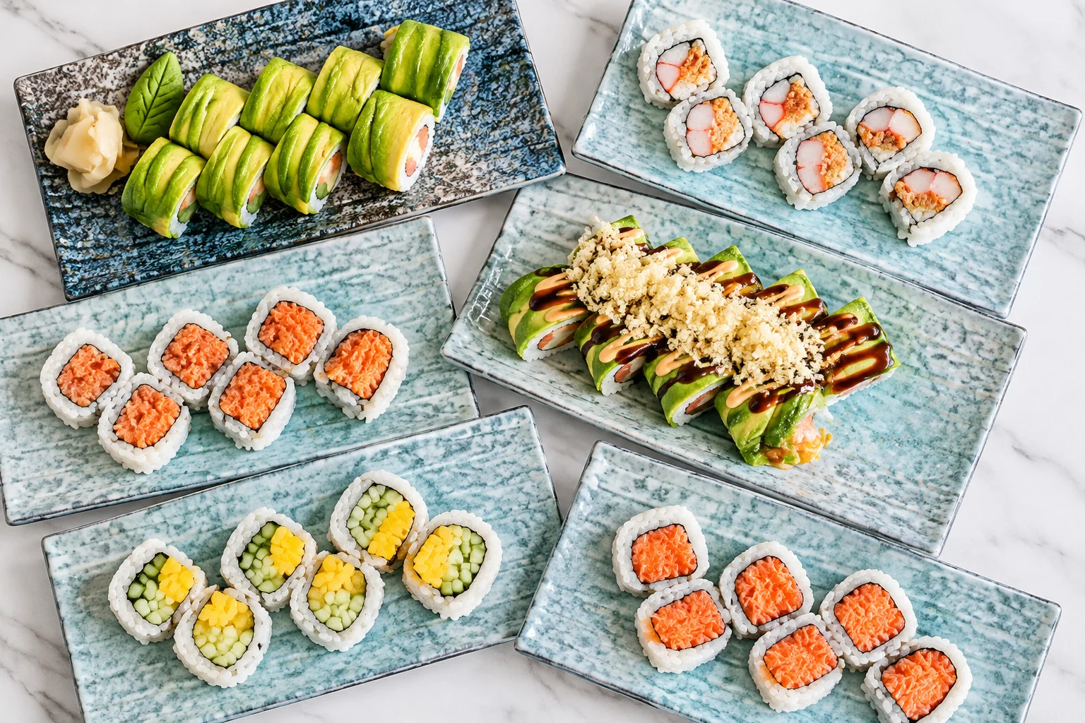 Assorted sushi rolls on elegant plates, showcasing Japanese cuisine