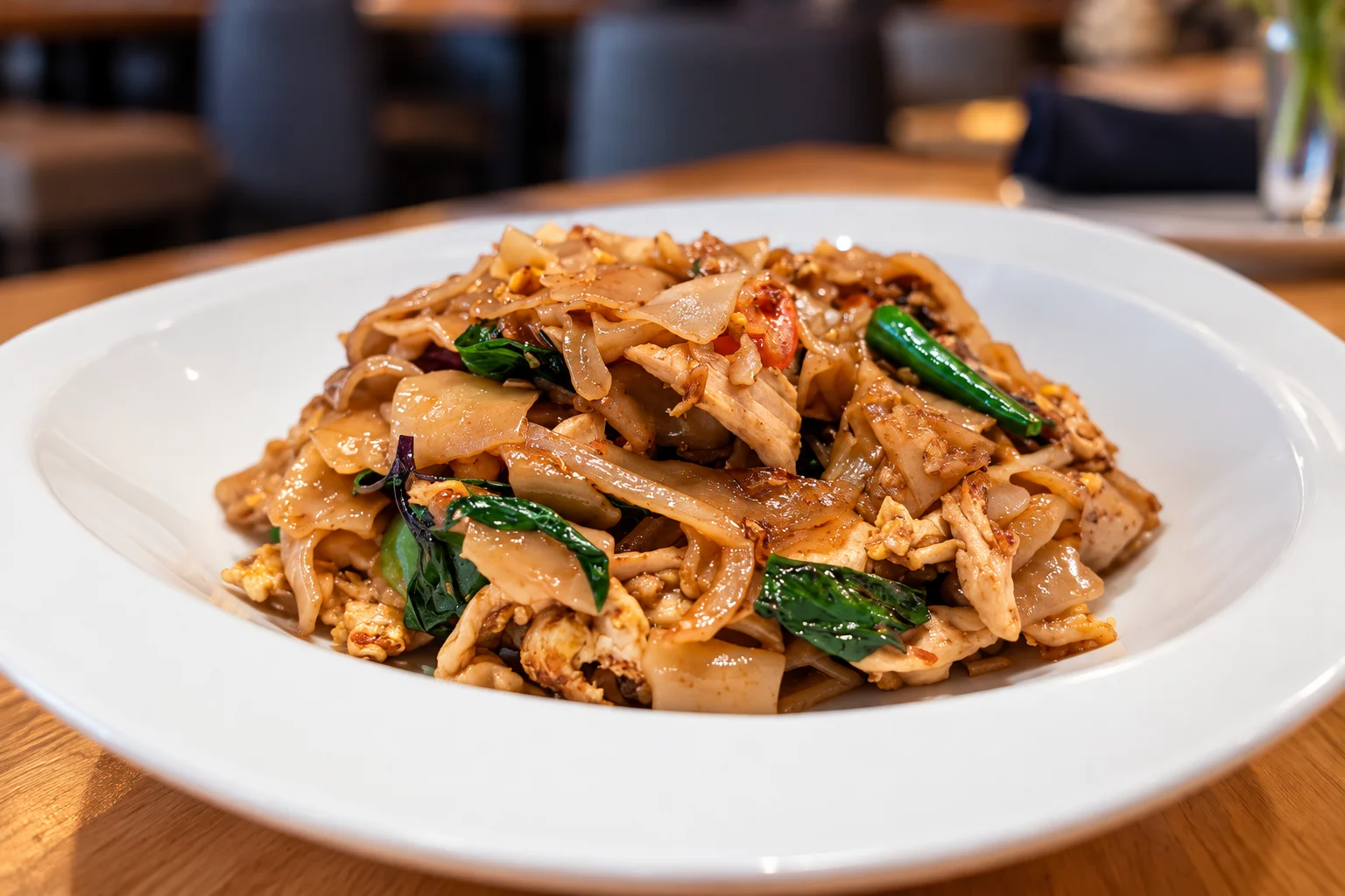 Thai pad see ew with chicken and Chinese broccoli