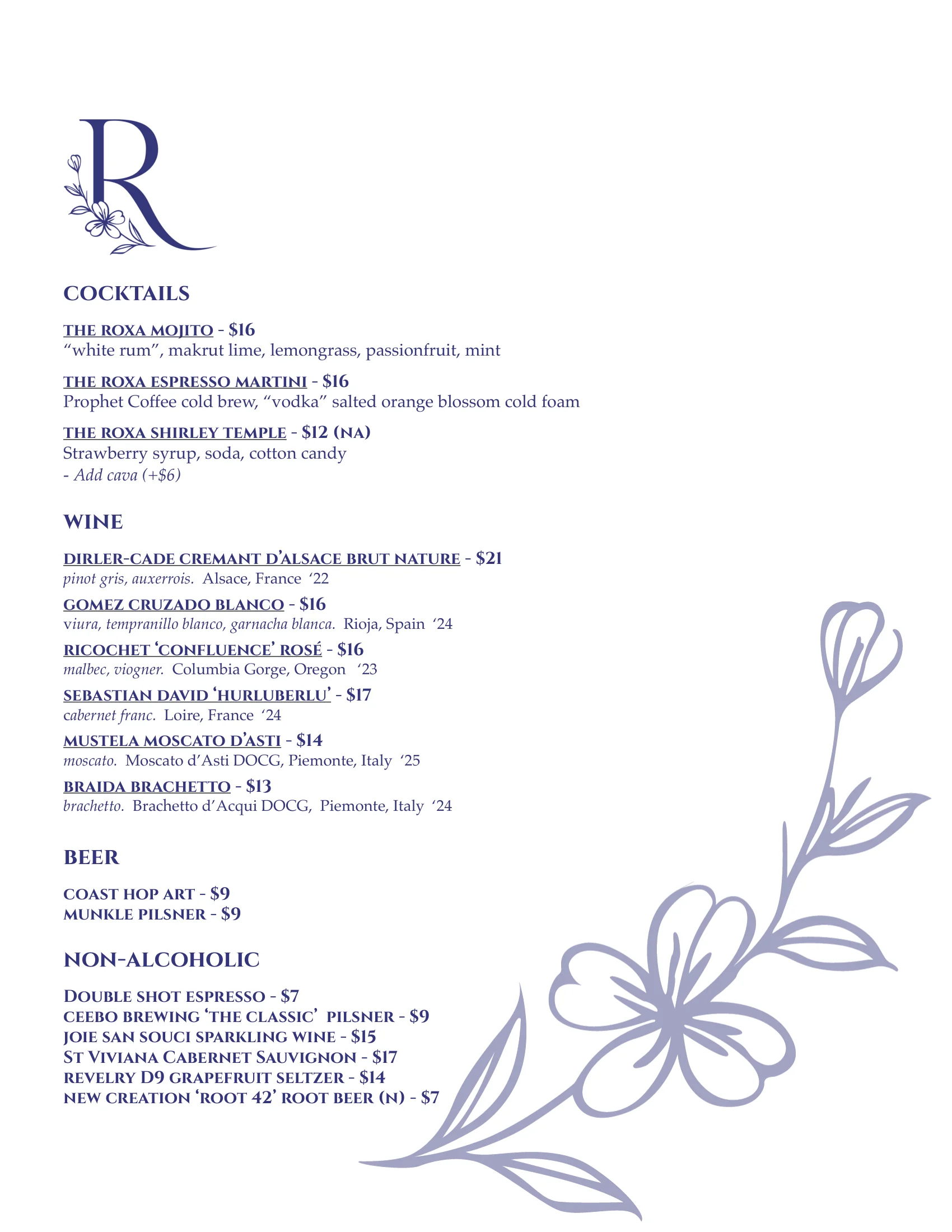 Colorful drinks menu featuring various beverages and cocktails.