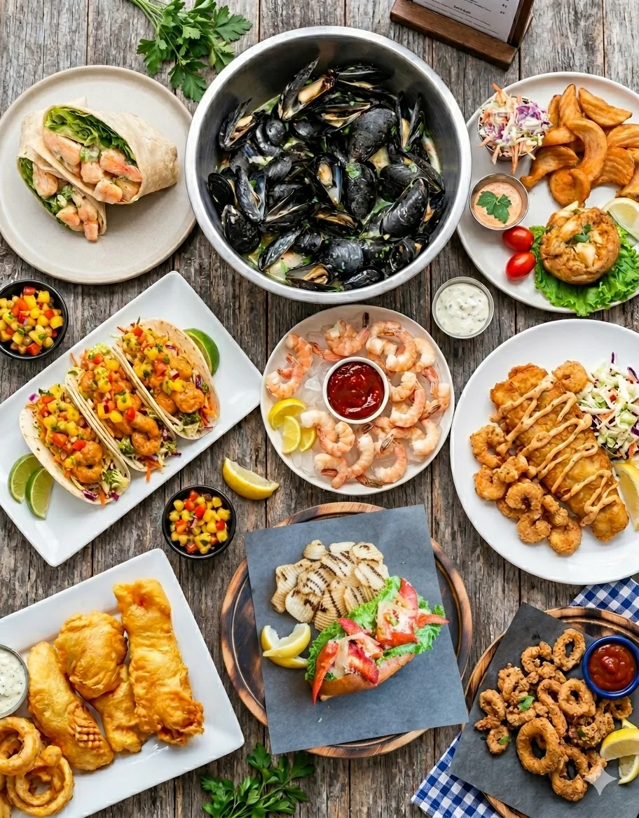 Seafood platter featuring shrimp tacos and mussels