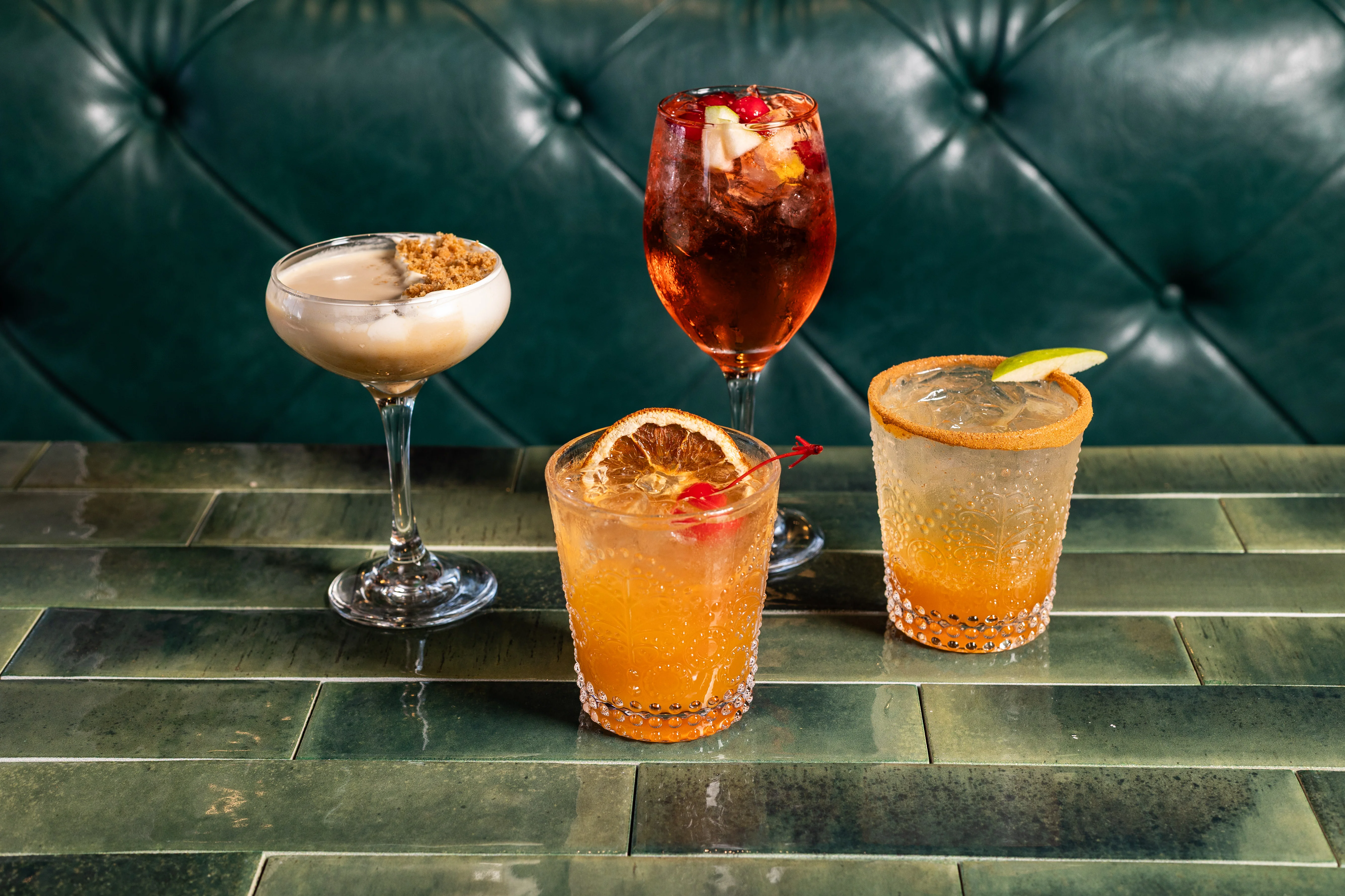 Colorful cocktails on a bar table in a stylish restaurant setting