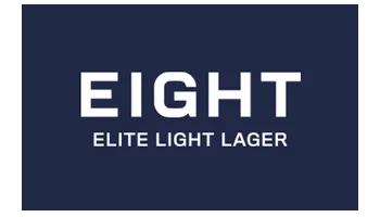 Restaurant beer branding sign reading EIGHT ELITE LIGHT LAGER