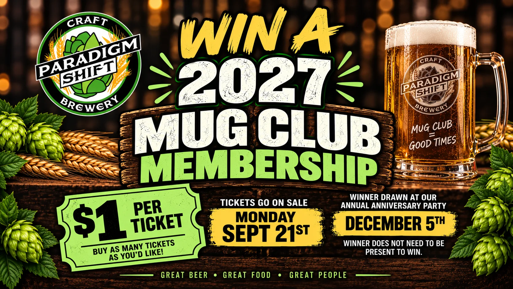 Promotional poster for Paradigm Shift Brewery's Mug Club Party