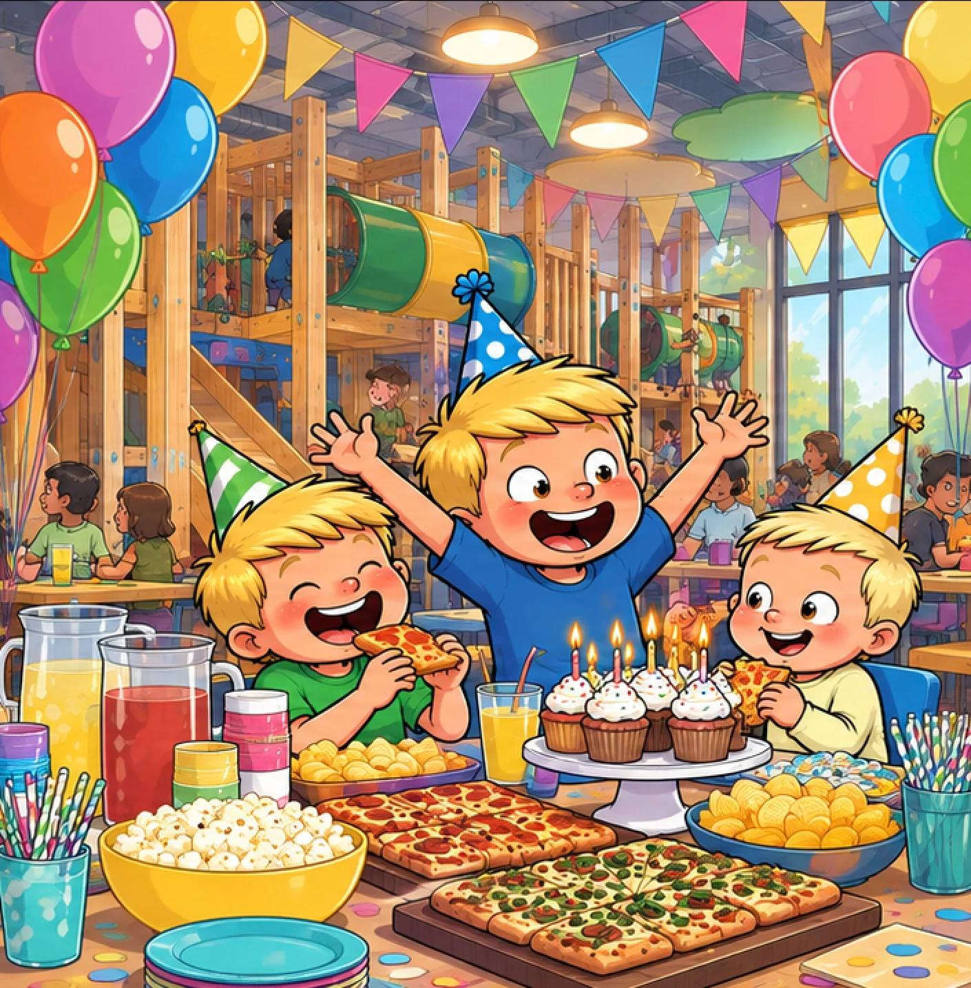 Children celebrating a birthday party with pizza and cupcakes