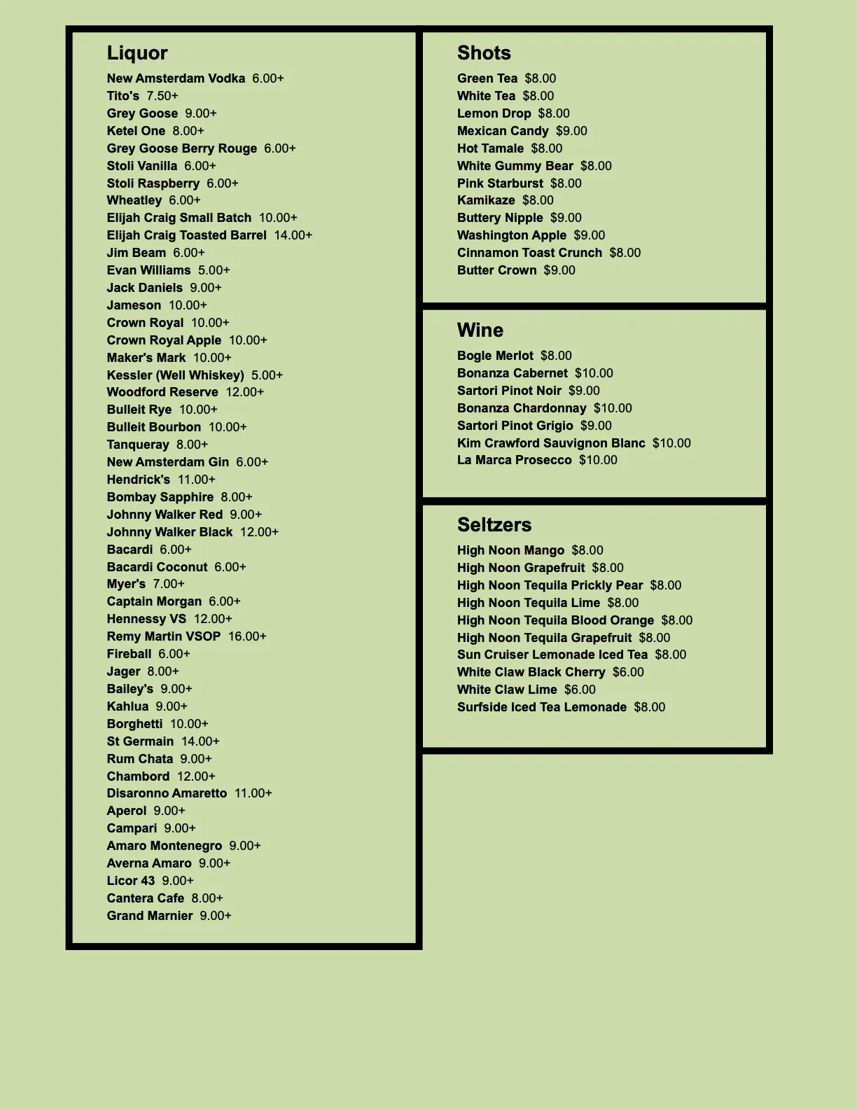 Comprehensive drink menu featuring various liquors, shots, wines, and seltzers