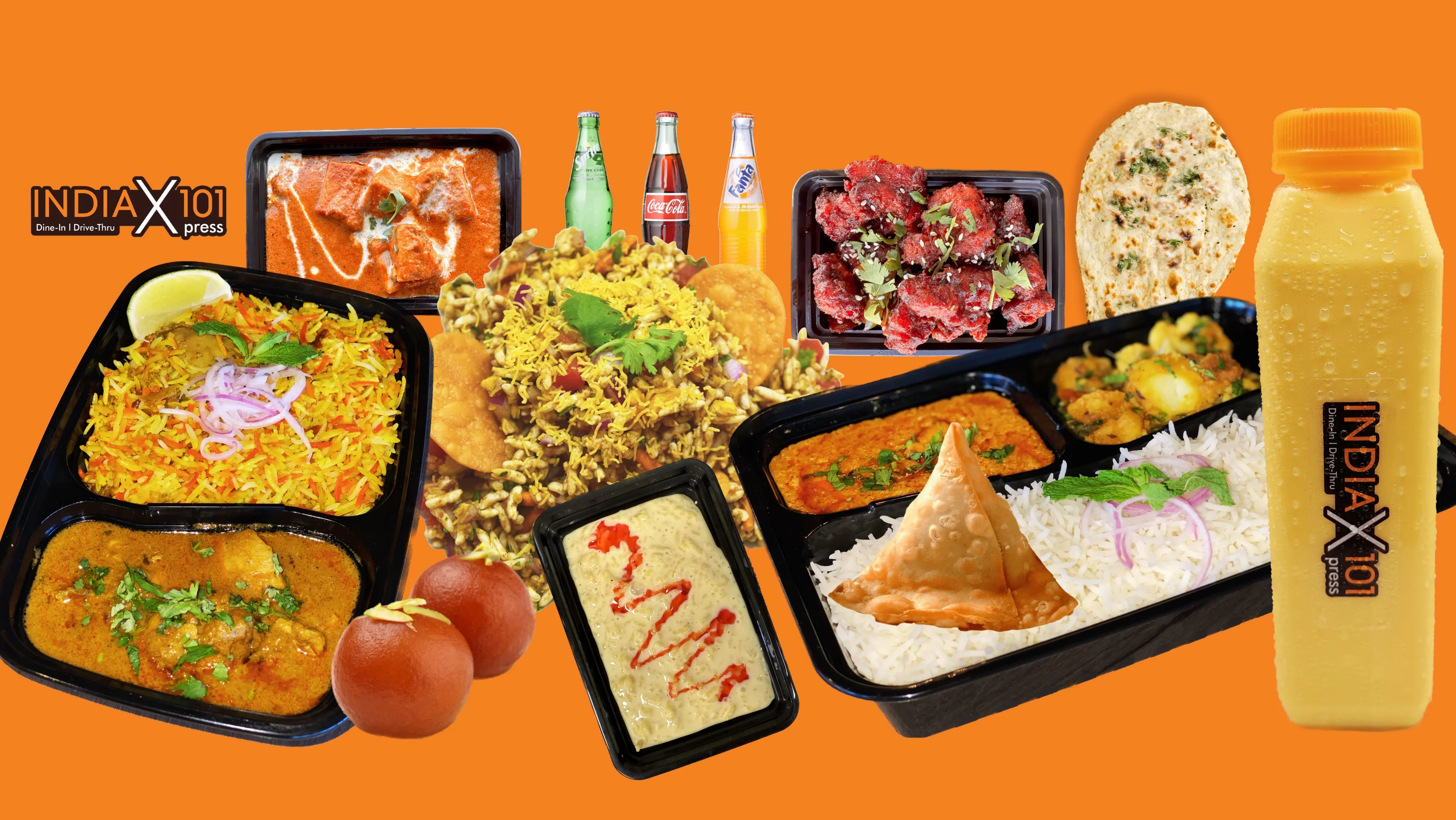 Assorted Indian dishes including biryani and samosas