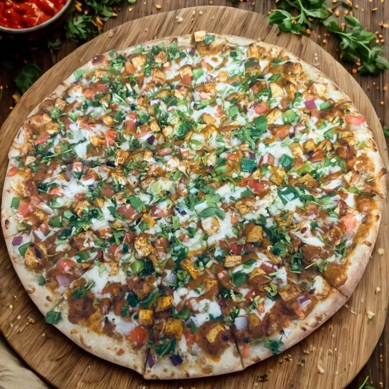 A round pizza with a classic tomato sauce base, topped with mozzarella cheese and fresh basil leaves.