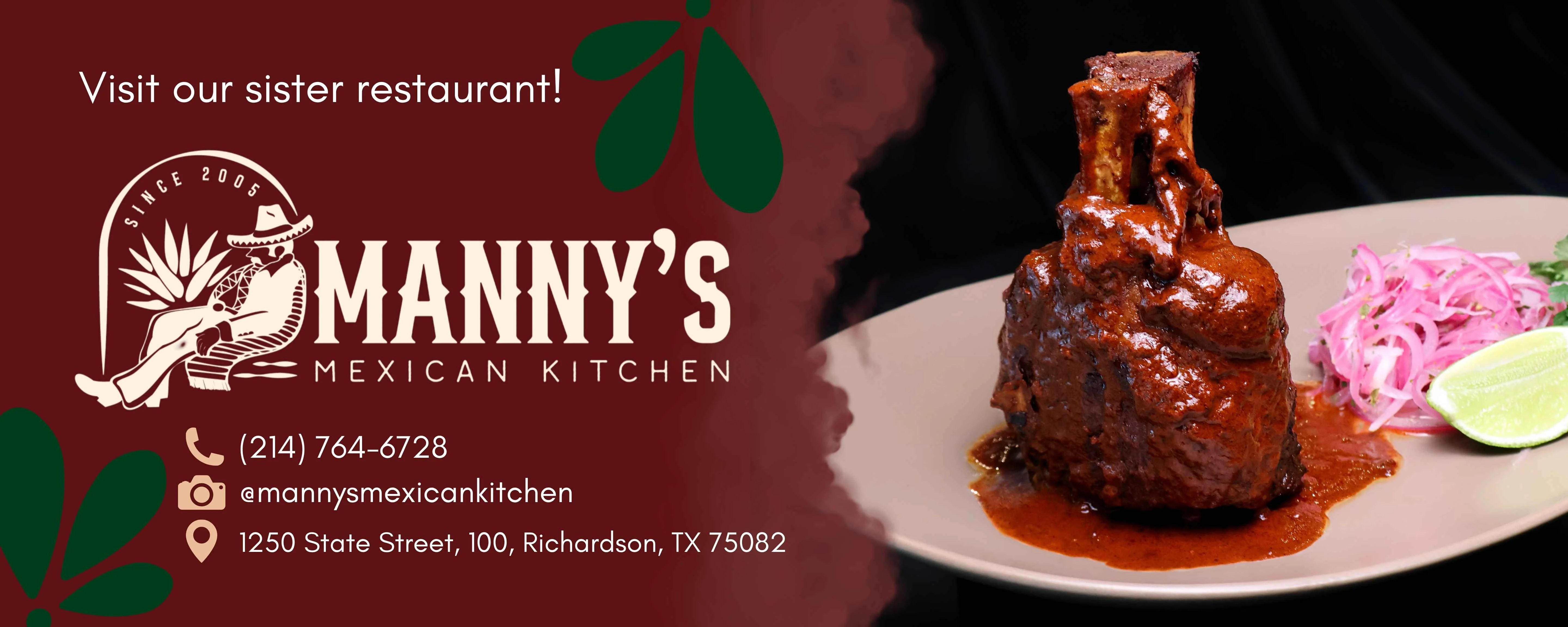 Promotional graphic featuring plated Mexican enchiladas with red sauce and lime