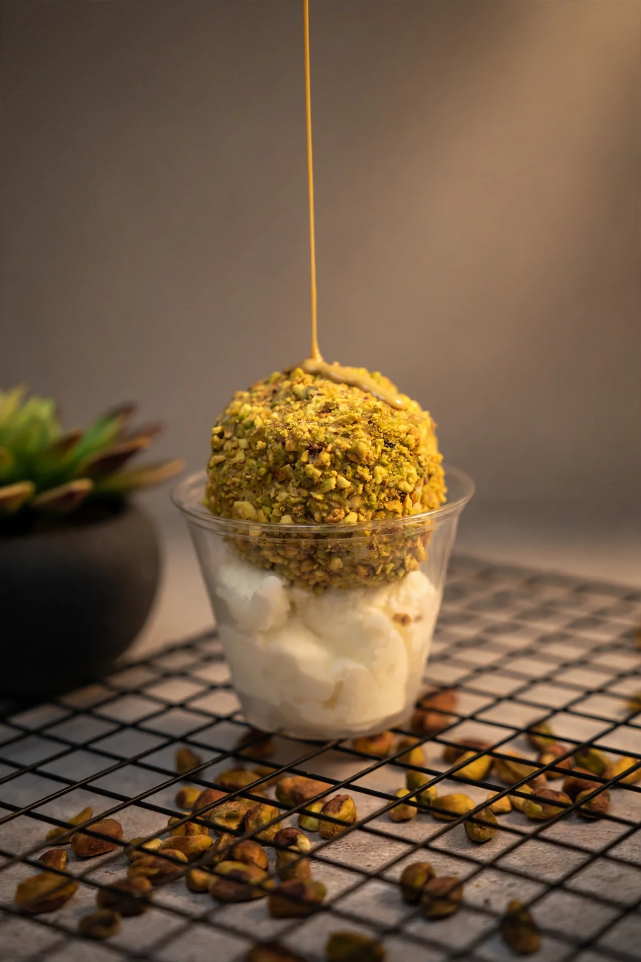 A plate of traditional dessert featuring thin pastry topped with ice cream and crushed pistachios.