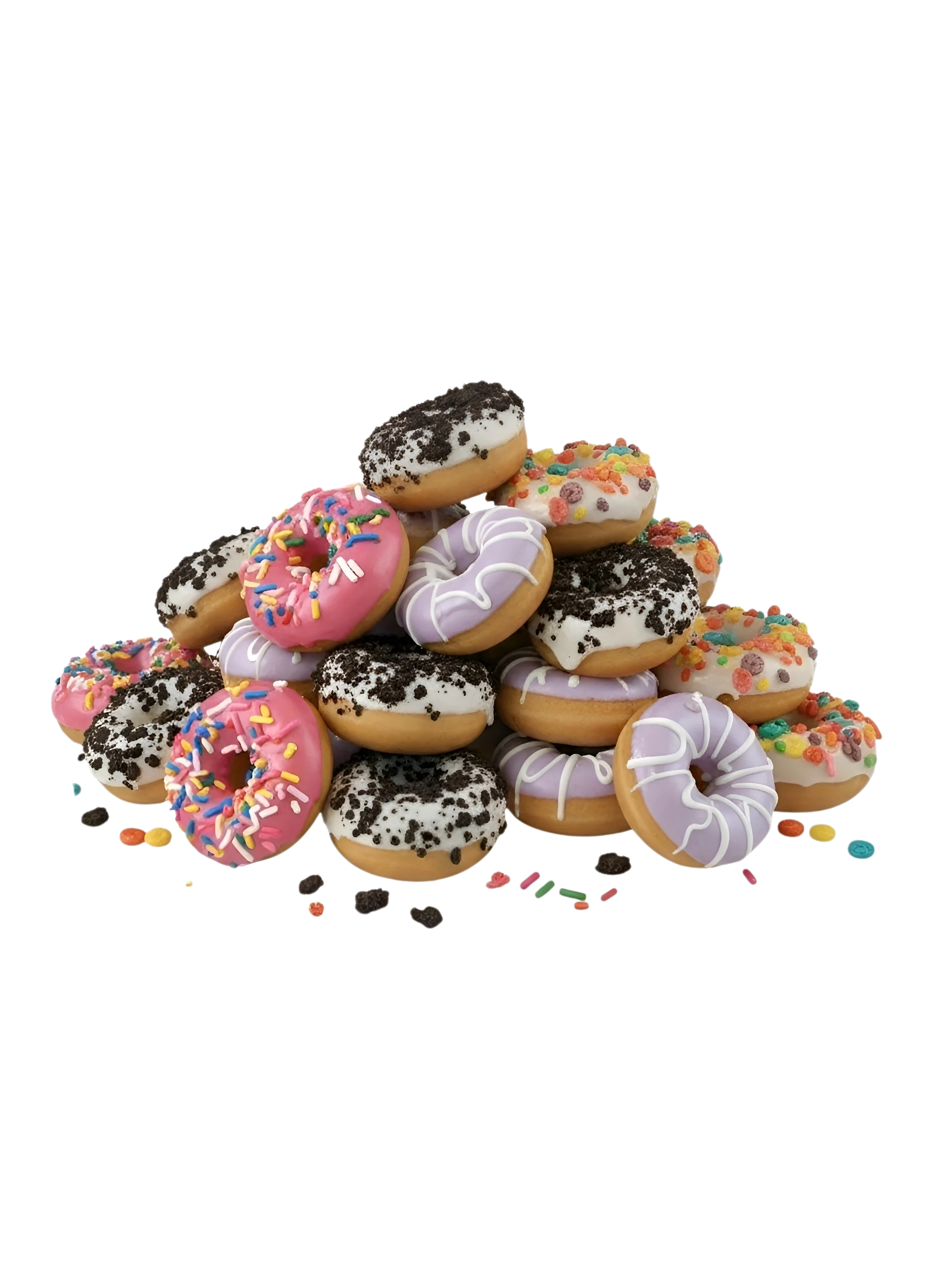 A wooden board featuring an assortment of donuts, including a powdered donut with strawberry sauce, a chocolate-drizzled donut, and a cream-topped donut with sprinkles.
