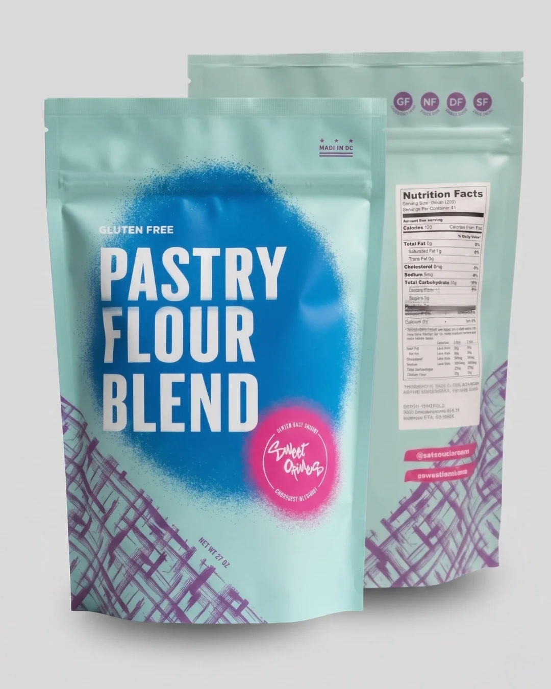 Gluten-free pastry flour blend packaging with nutrition facts.