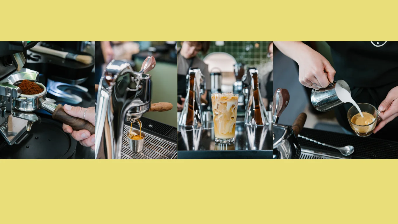 Barista preparing espresso and iced coffee drinks