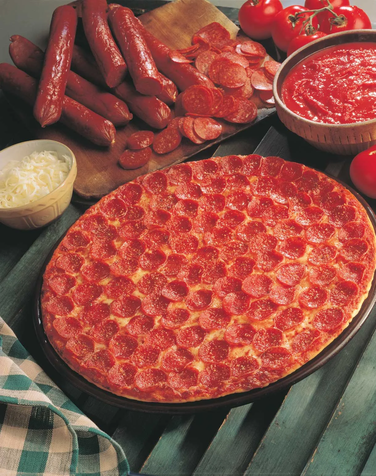 Classic pepperoni pizza on a wooden table