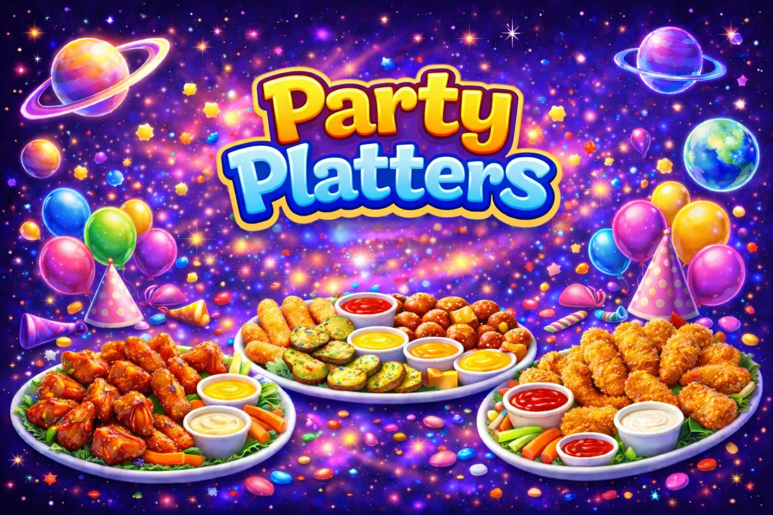 Colorful party platters with assorted appetizers for celebrations