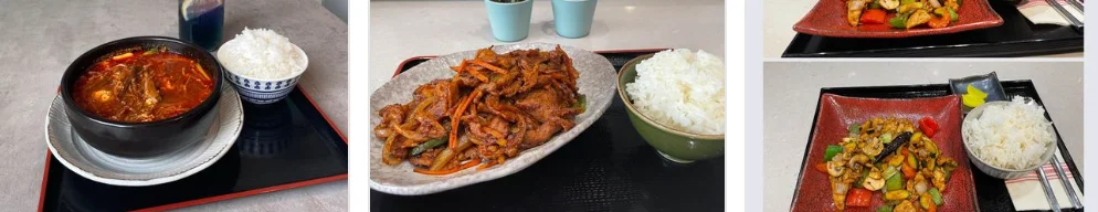 Delicious Chinese stir-fry with rice and spicy soup