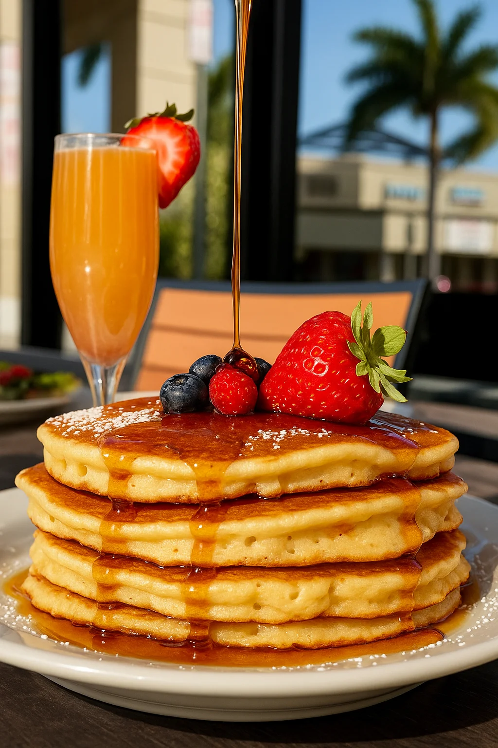 Fluffy American pancakes drizzled with syrup and fresh berries