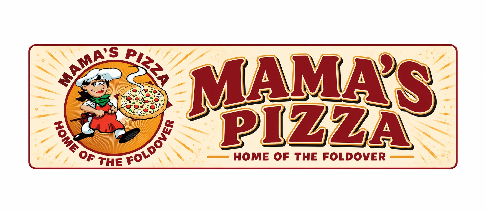 Cartoon chef with pizza, representing Mama's Pizza restaurant