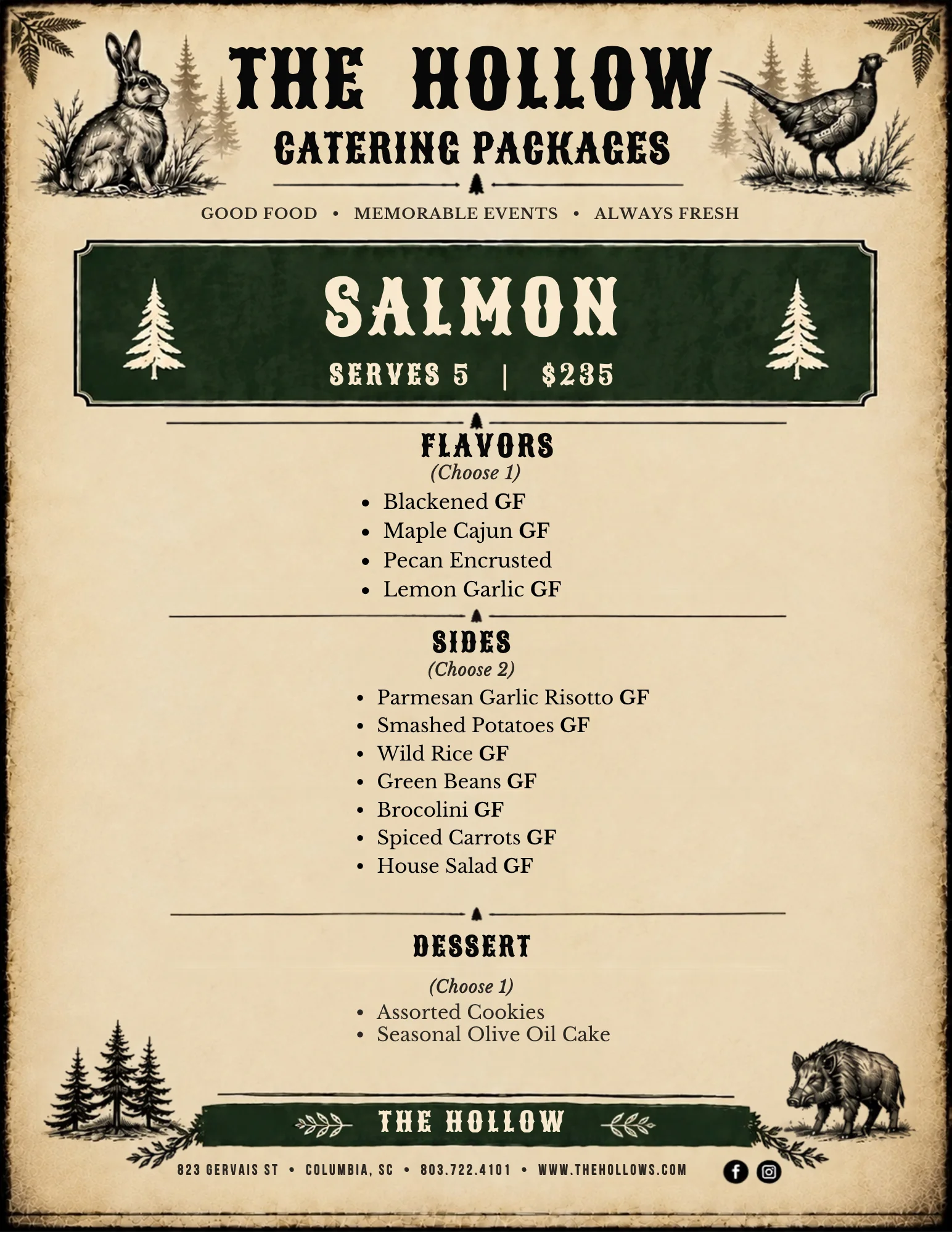 Restaurant catering menu featuring salmon package options and seasonal desserts