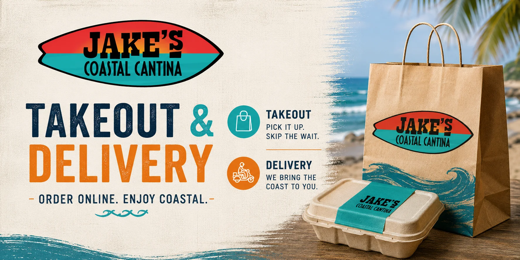 Takeout and delivery branding for coastal cantina restaurant