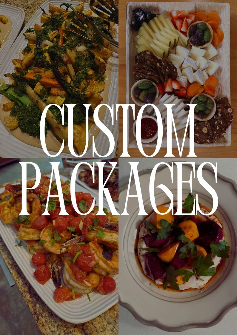 Assorted gourmet platters featuring Mediterranean and seasonal dishes