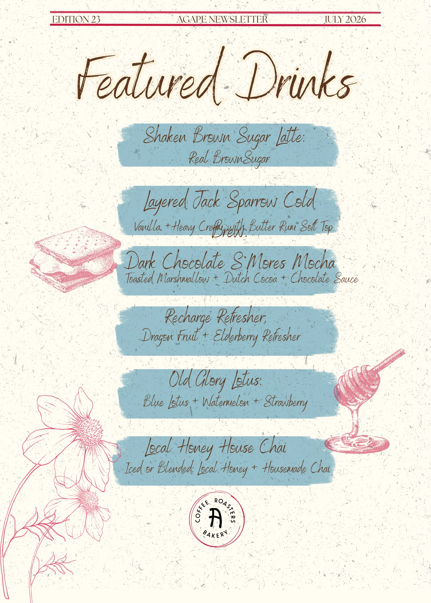 Featured drinks menu with unique coffee and refreshment options
