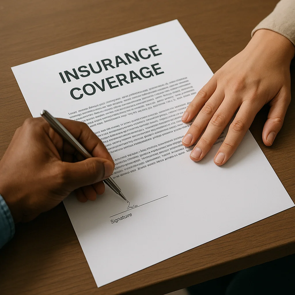 A hand is signing an insurance coverage document on a wooden table. The document prominently displays the title 'INSURANCE COVERAGE' at the top.