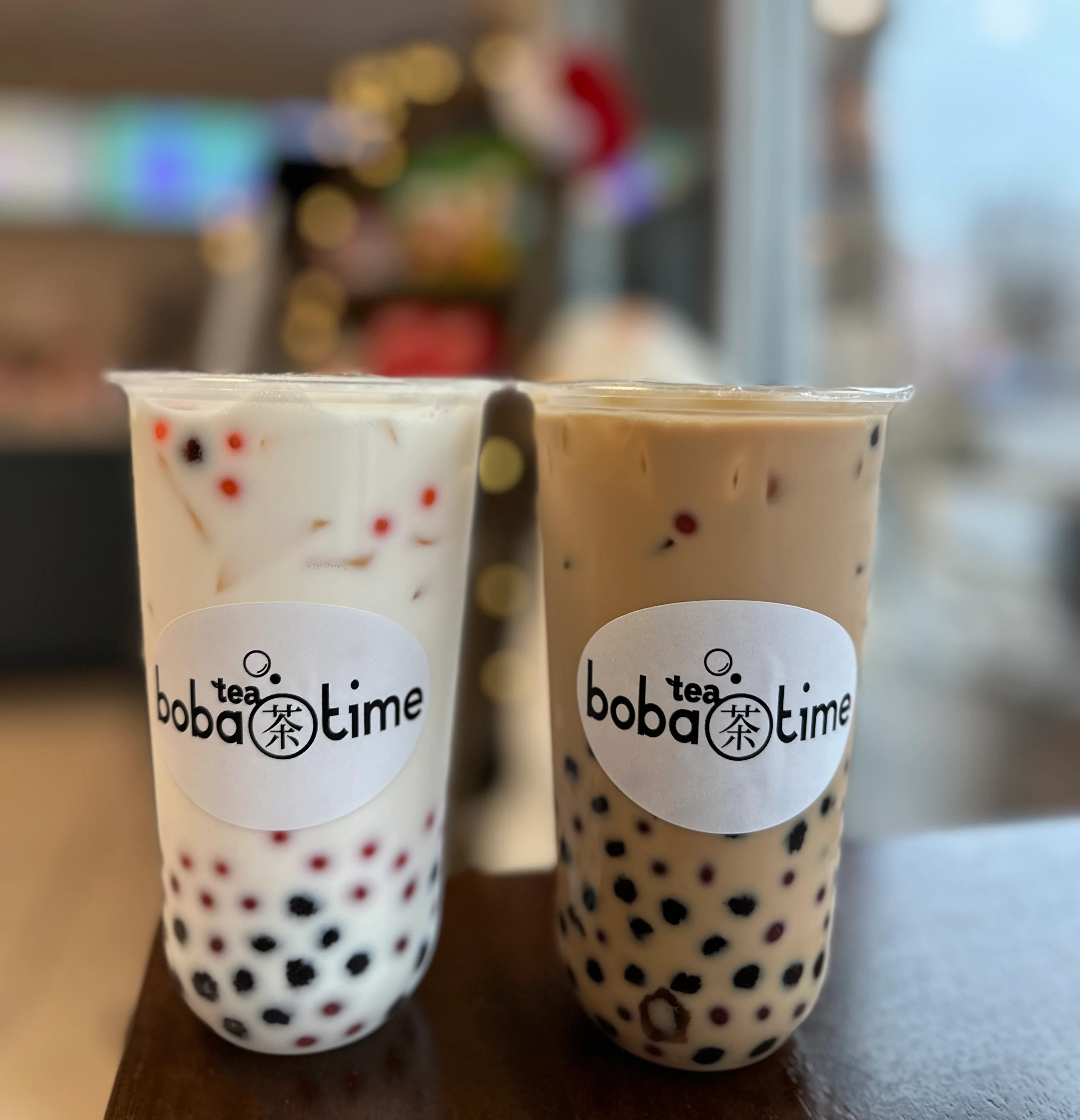 Colorful boba tea drinks with tapioca pearls