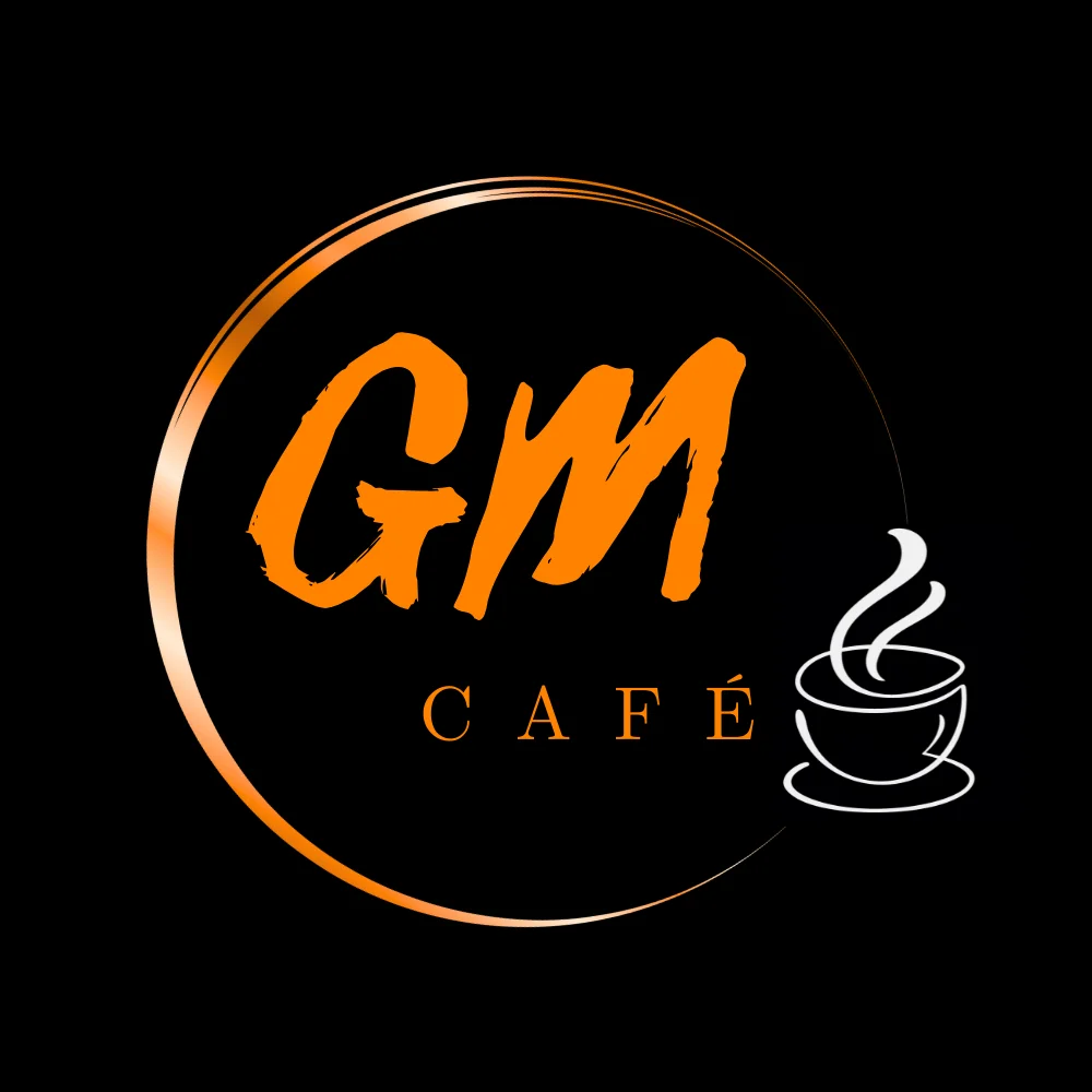 Logo of GM Café featuring a coffee cup and modern typography