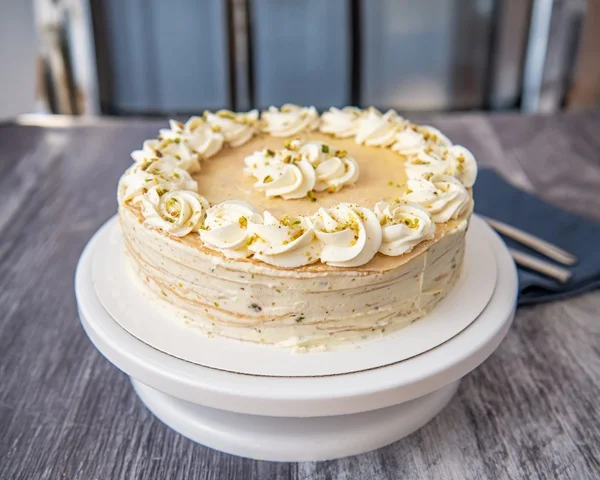 Round layered pie with a slice cut out on a silver tray.