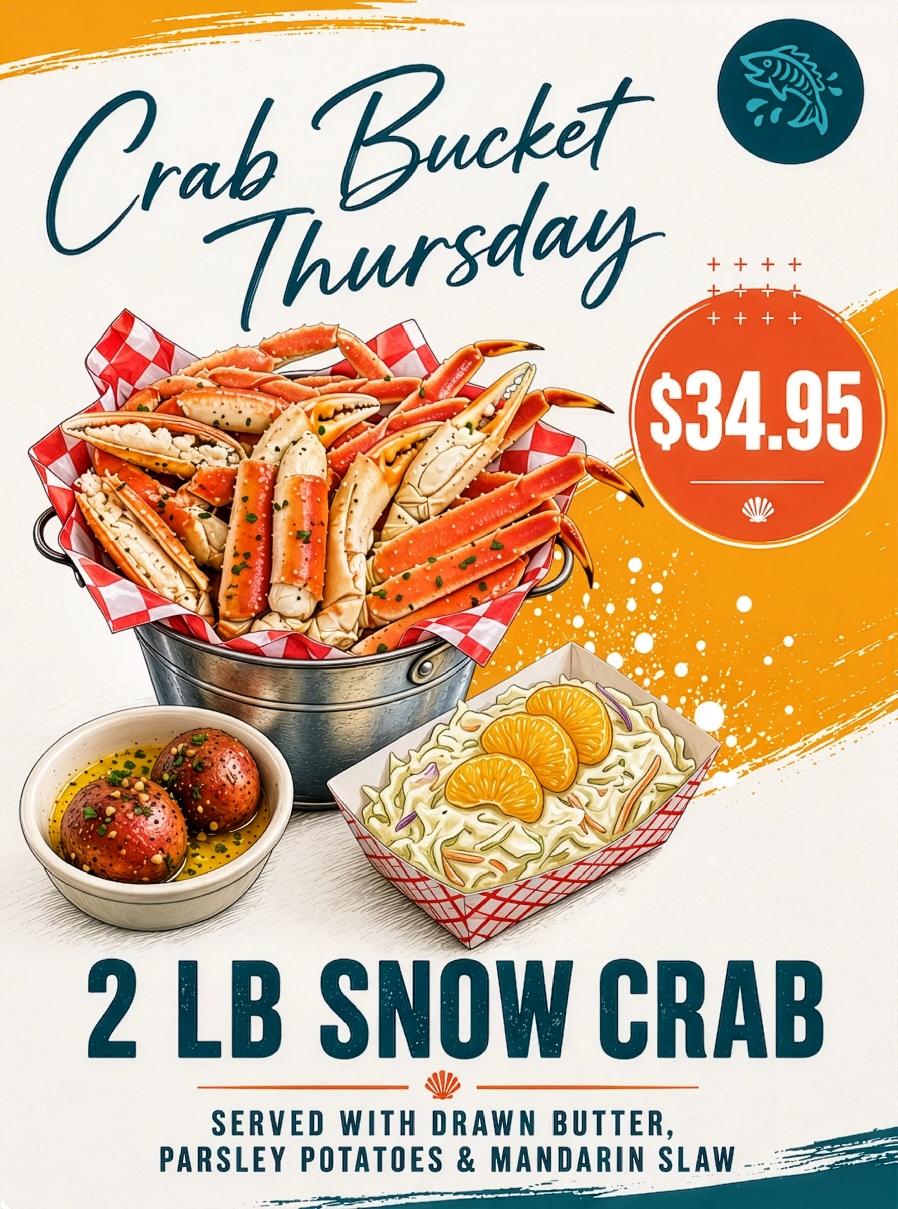 Two-pound snow crab served with sides in a restaurant setting