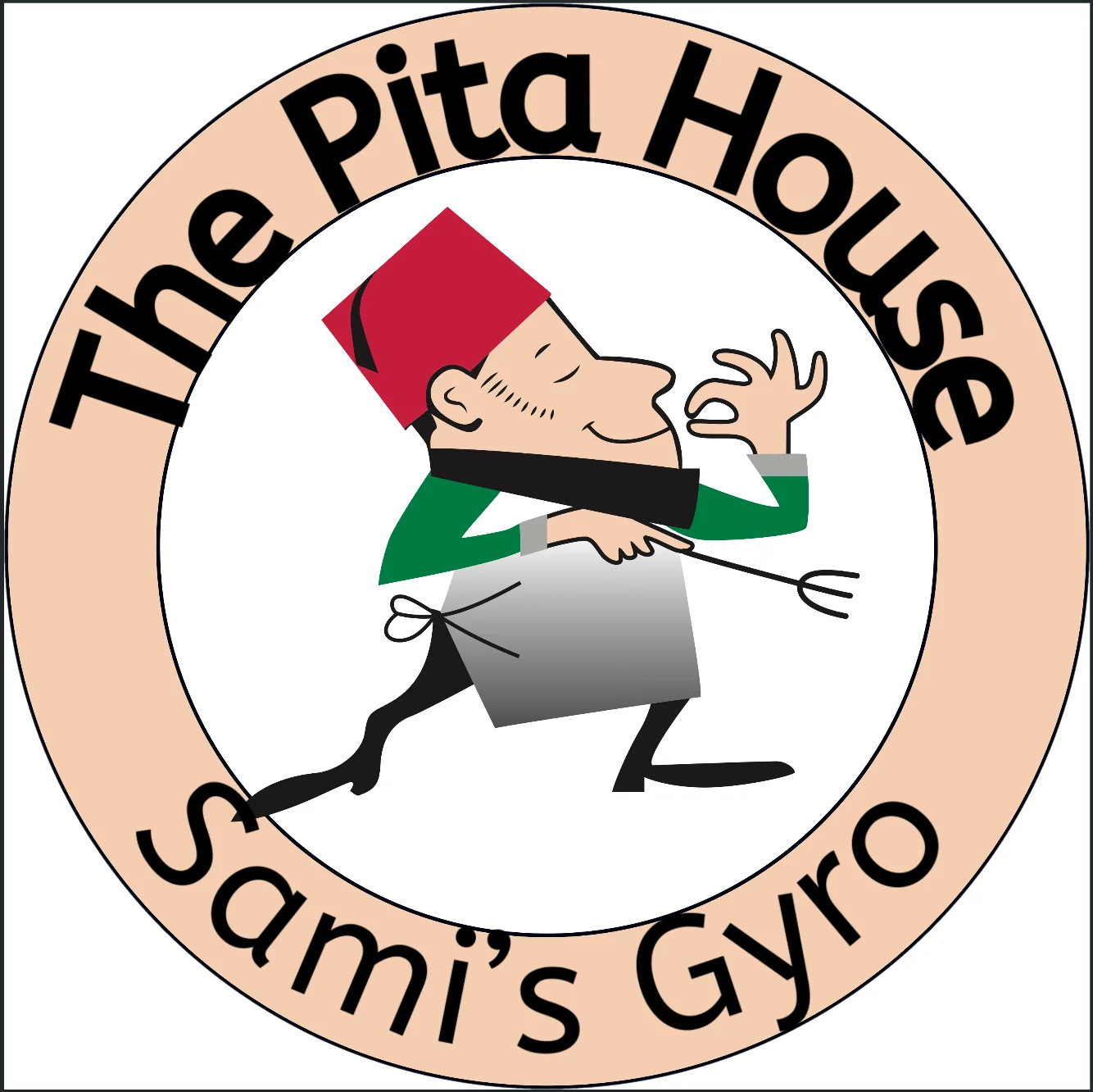 A logo featuring a cartoon chef with a red hat and green apron, holding utensils. The logo reads 'The Pita House' and 'Sami's Gyro' in bold lettering around it.