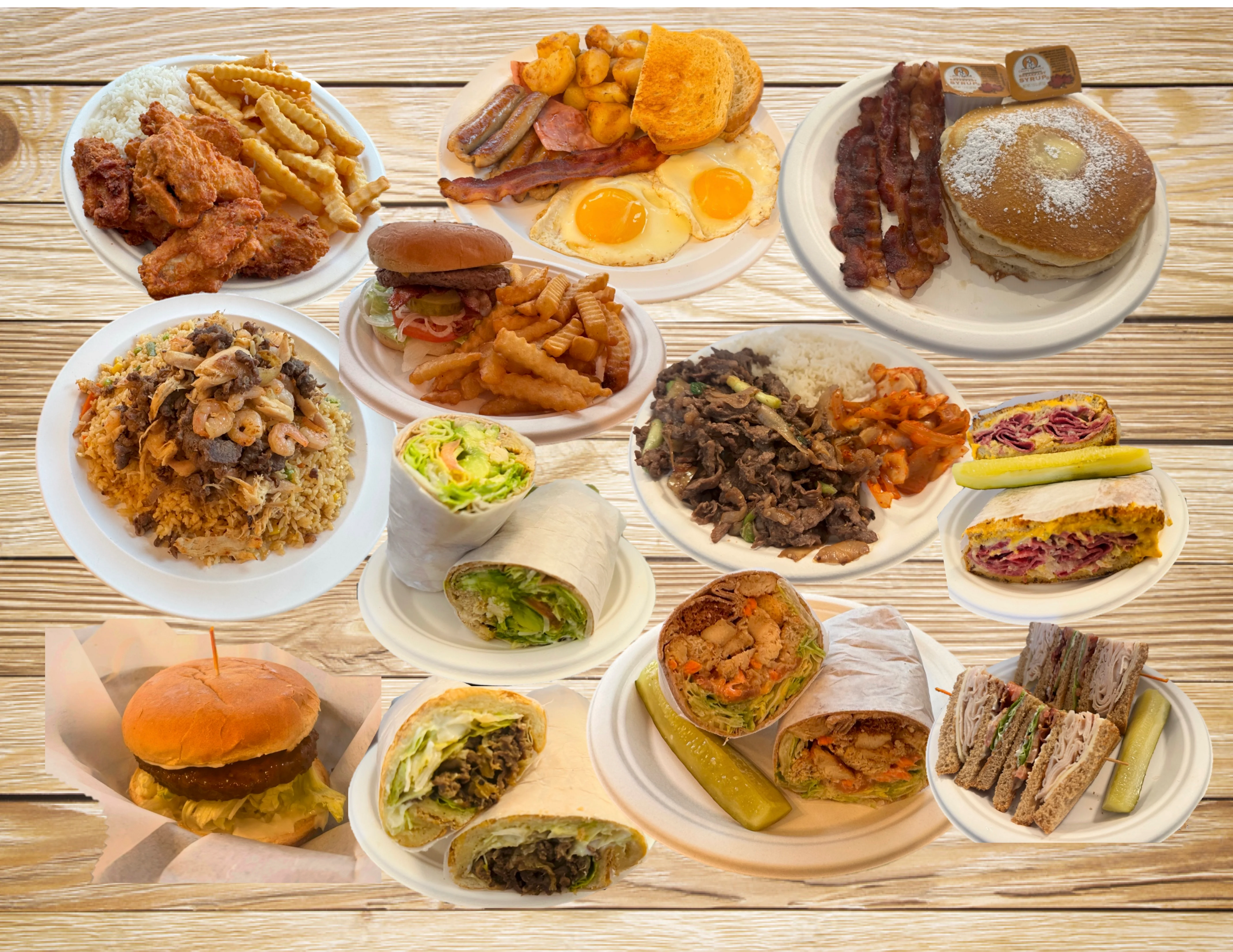 Variety of comfort food platters including burgers and fried rice