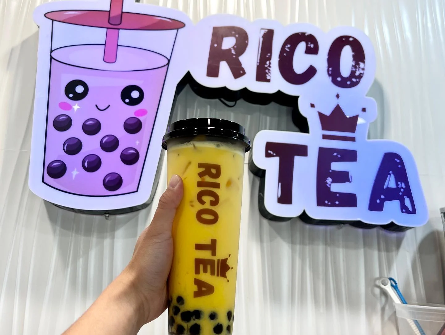Colorful bubble tea from Rico Tea with tapioca pearls