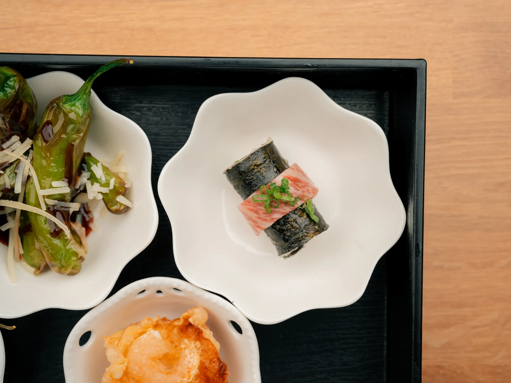 Japanese sushi roll with marbled beef and seaweed