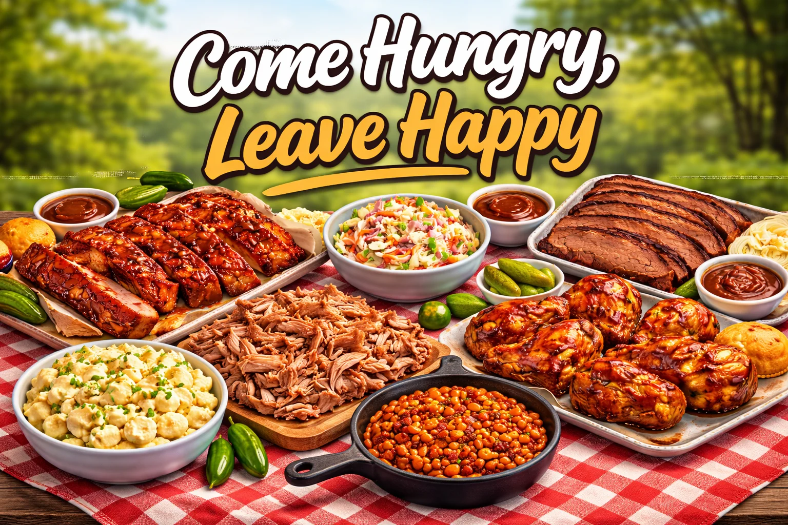 An assortment of BBQ dishes including sliced brisket, ribs, pulled pork sandwich, baked beans, coleslaw, cornbread, pickles, and barbecue sauce on a wooden table.