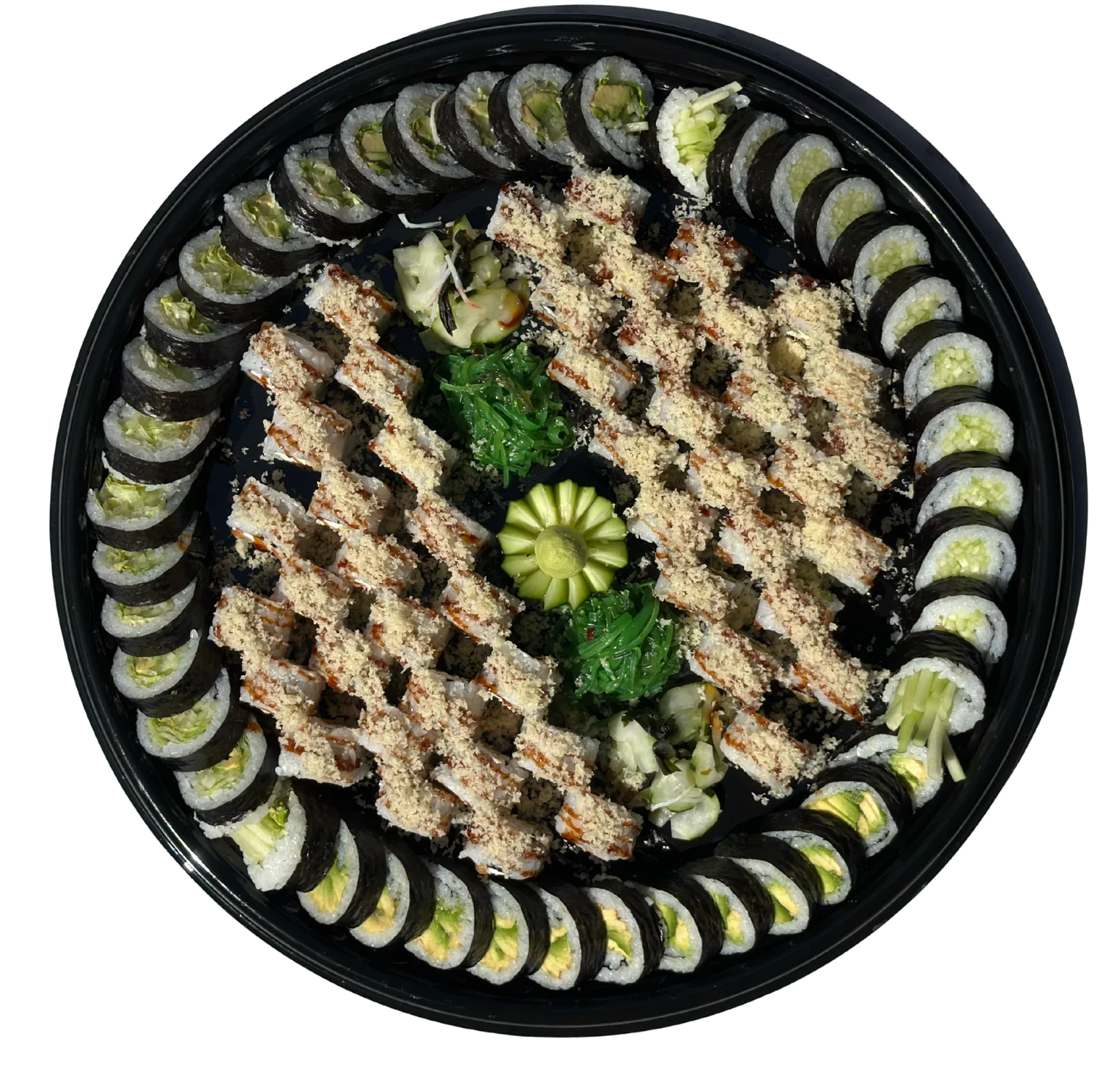 Platter of Japanese sushi rolls beautifully arranged