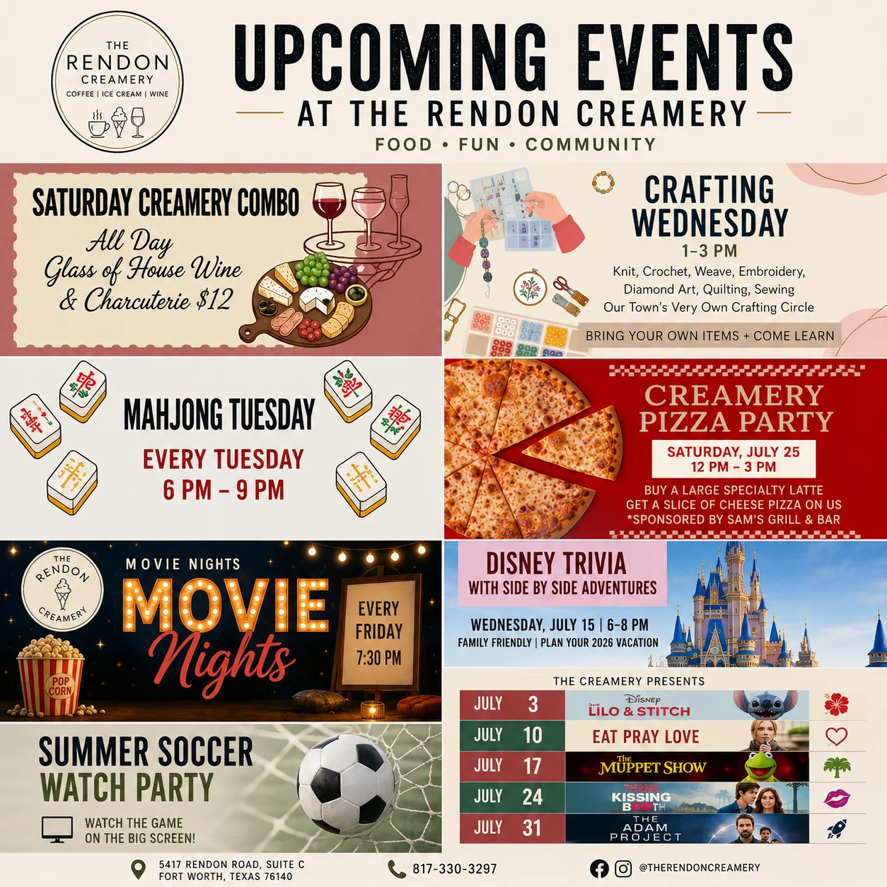 Upcoming events at The Rendon Creamery for community fun and food