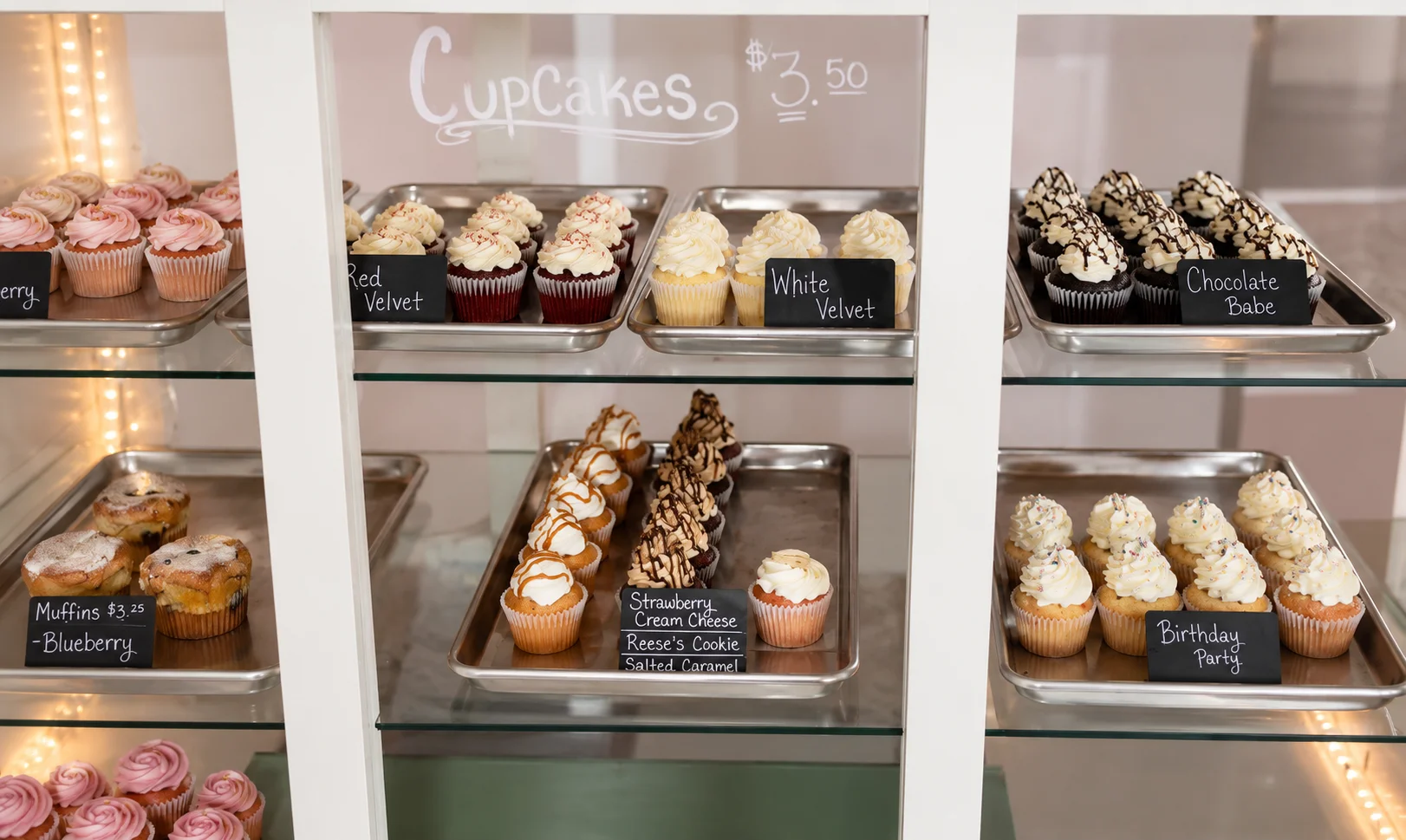 Assorted gourmet cupcakes in a bakery display case