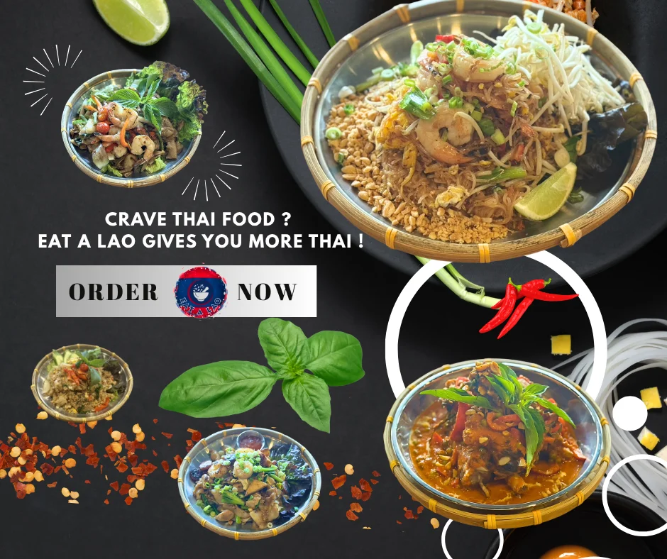 Colorful Lao dishes featuring Pad Thai and fresh herbs