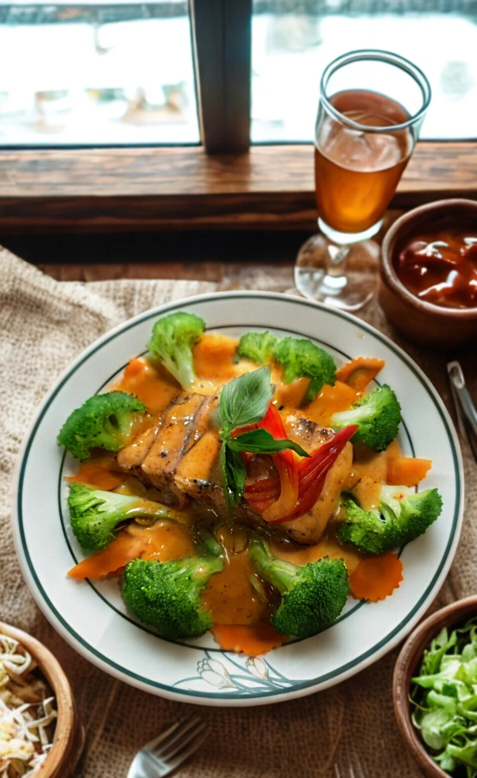 Grilled salmon with broccoli in Thai curry sauce