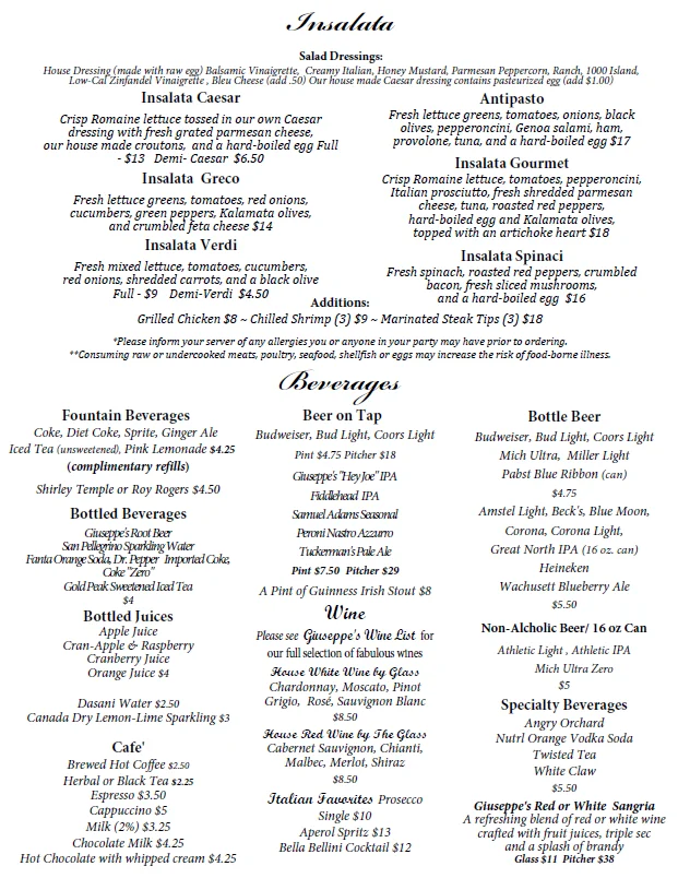Menu featuring salads and beverages with prices and descriptions.