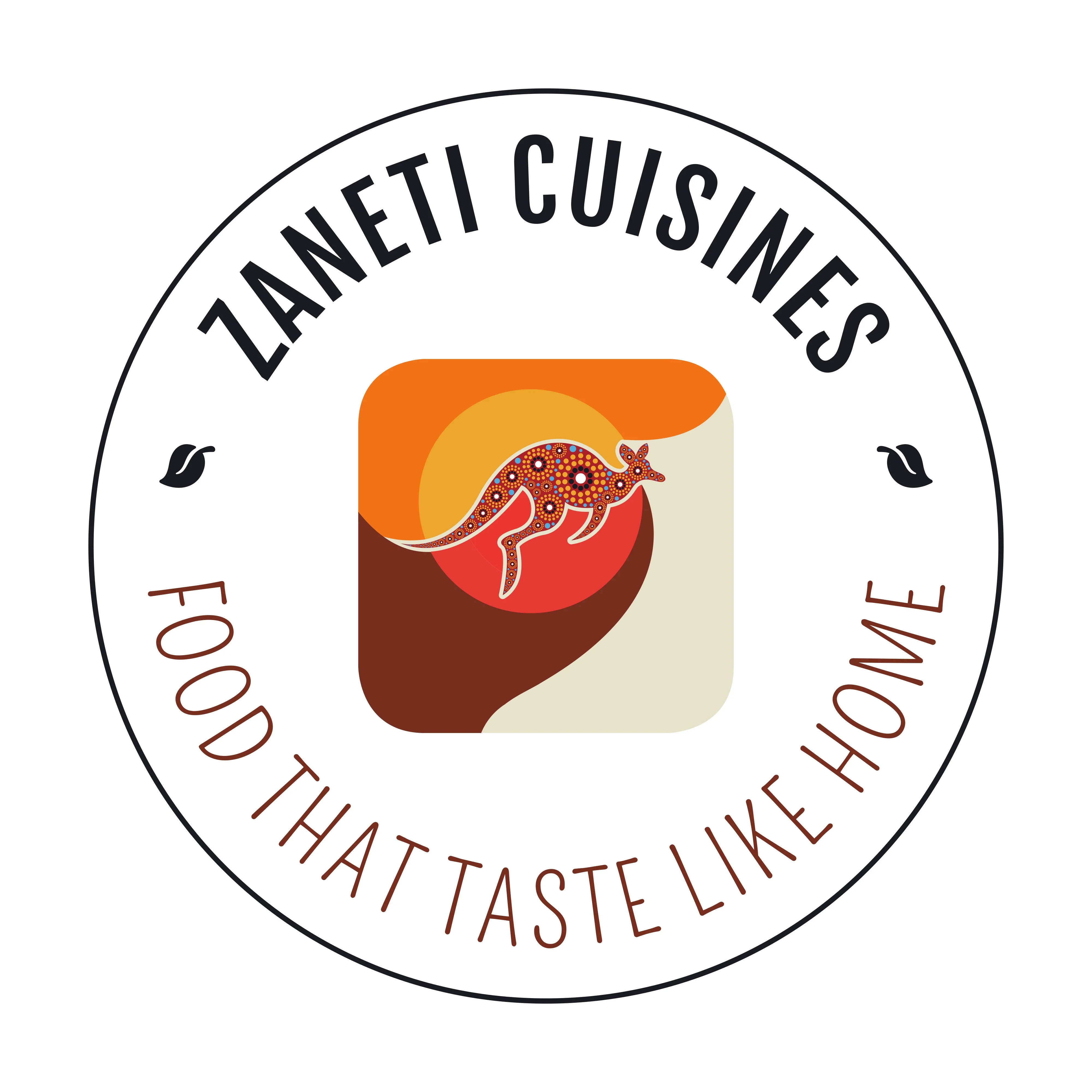 Logo of Zaneti Cuisines featuring a kangaroo and warm colors