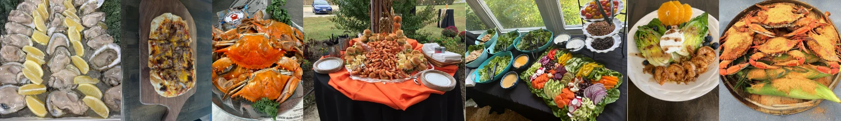 Seafood feast featuring crabs, oysters, and a vibrant vegetable platter