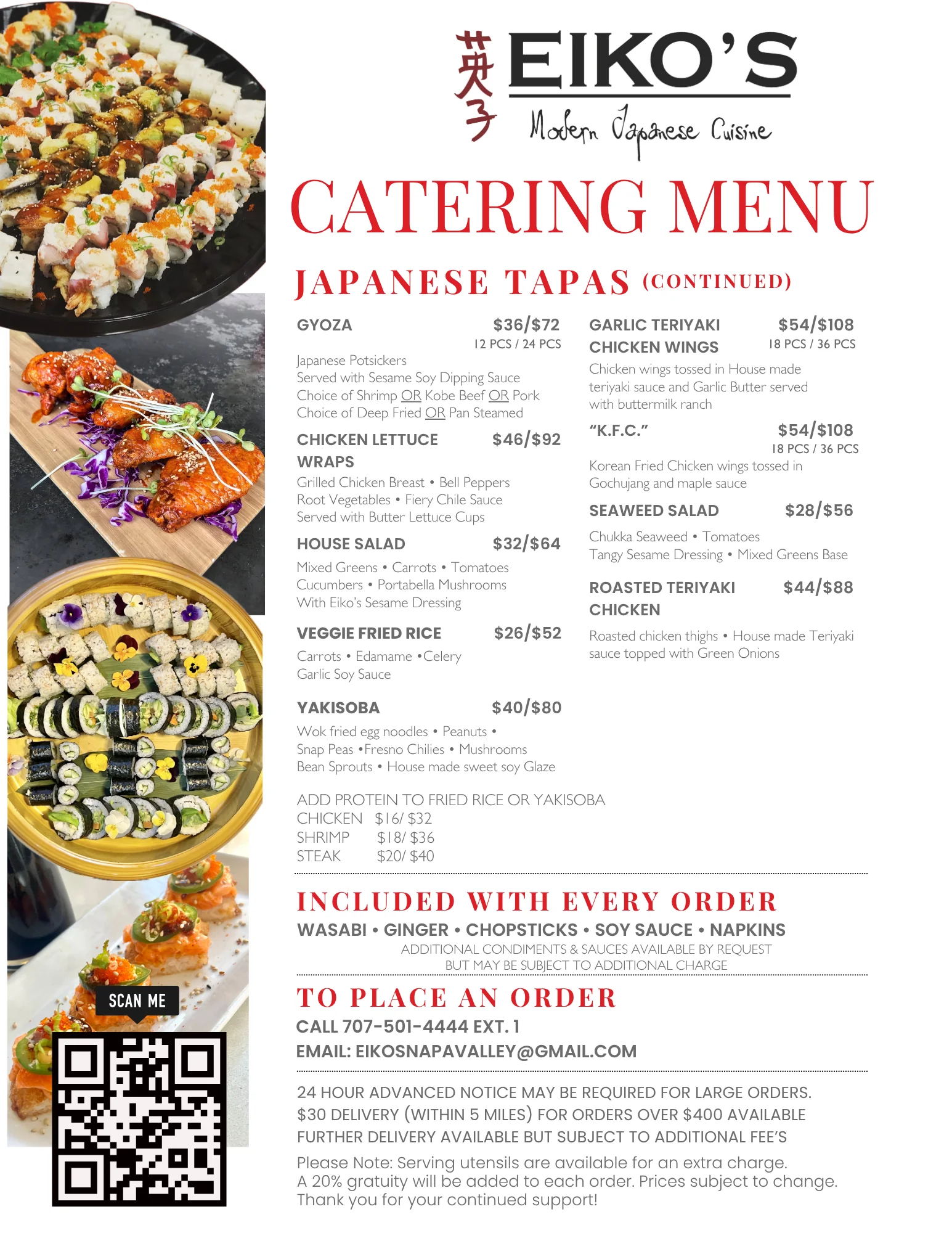Japanese catering menu featuring assorted tapas dishes