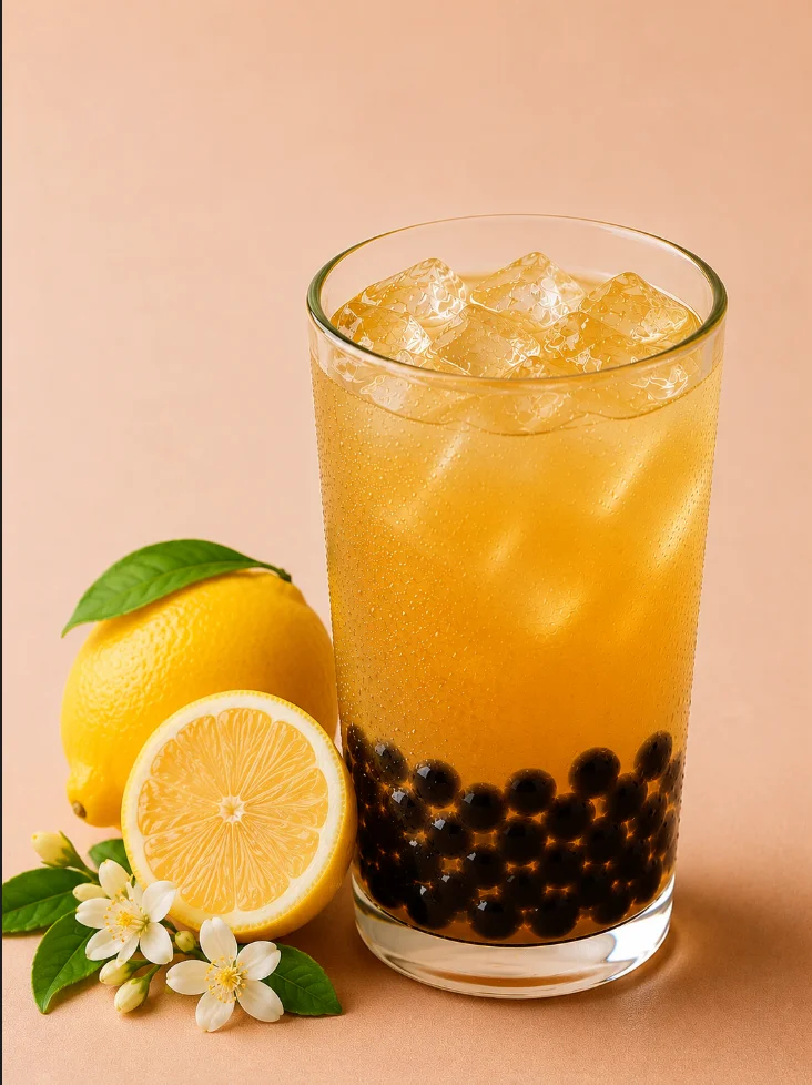 A refreshing glass of lemon-flavored drink with ice and black tapioca pearls, accompanied by whole and sliced lemons and white flowers.