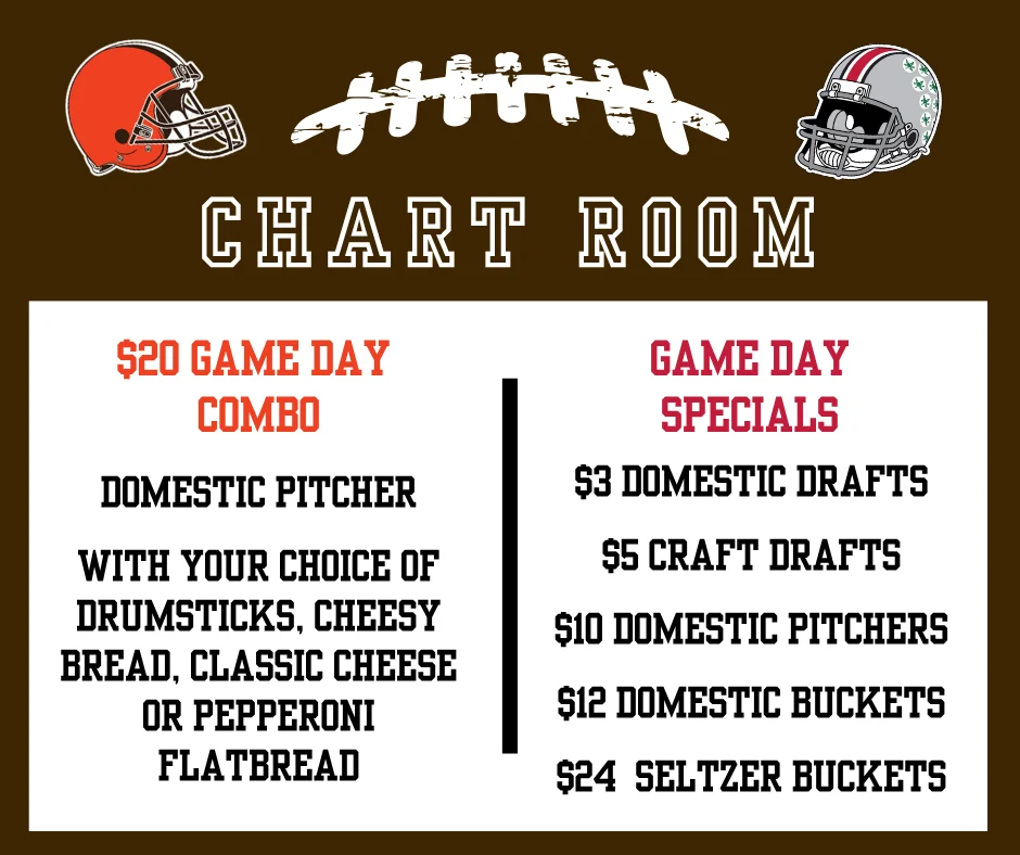Game day specials menu with drink and food options for sports fans