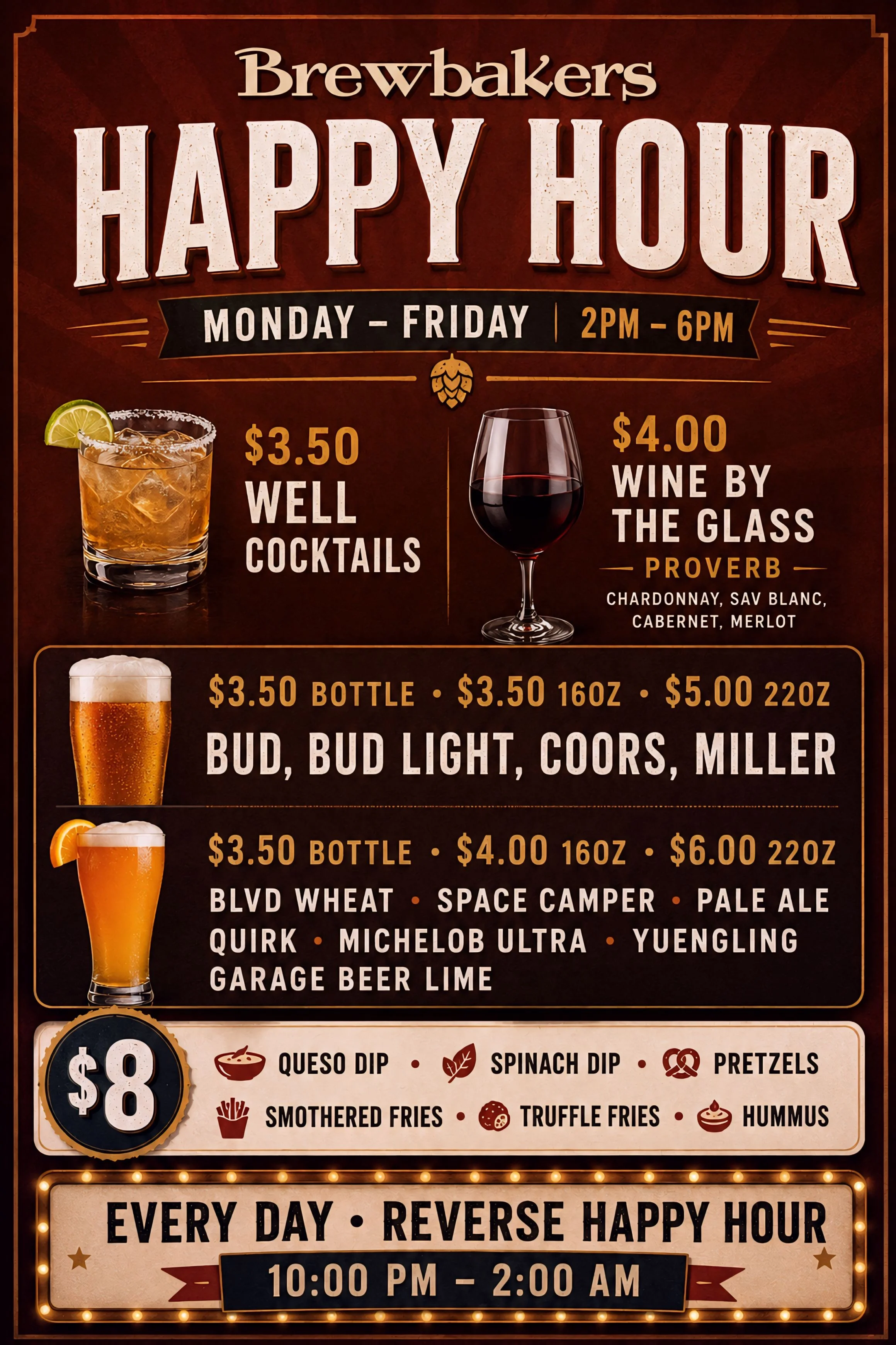 Happy hour menu at Brewbakers featuring drinks and snacks