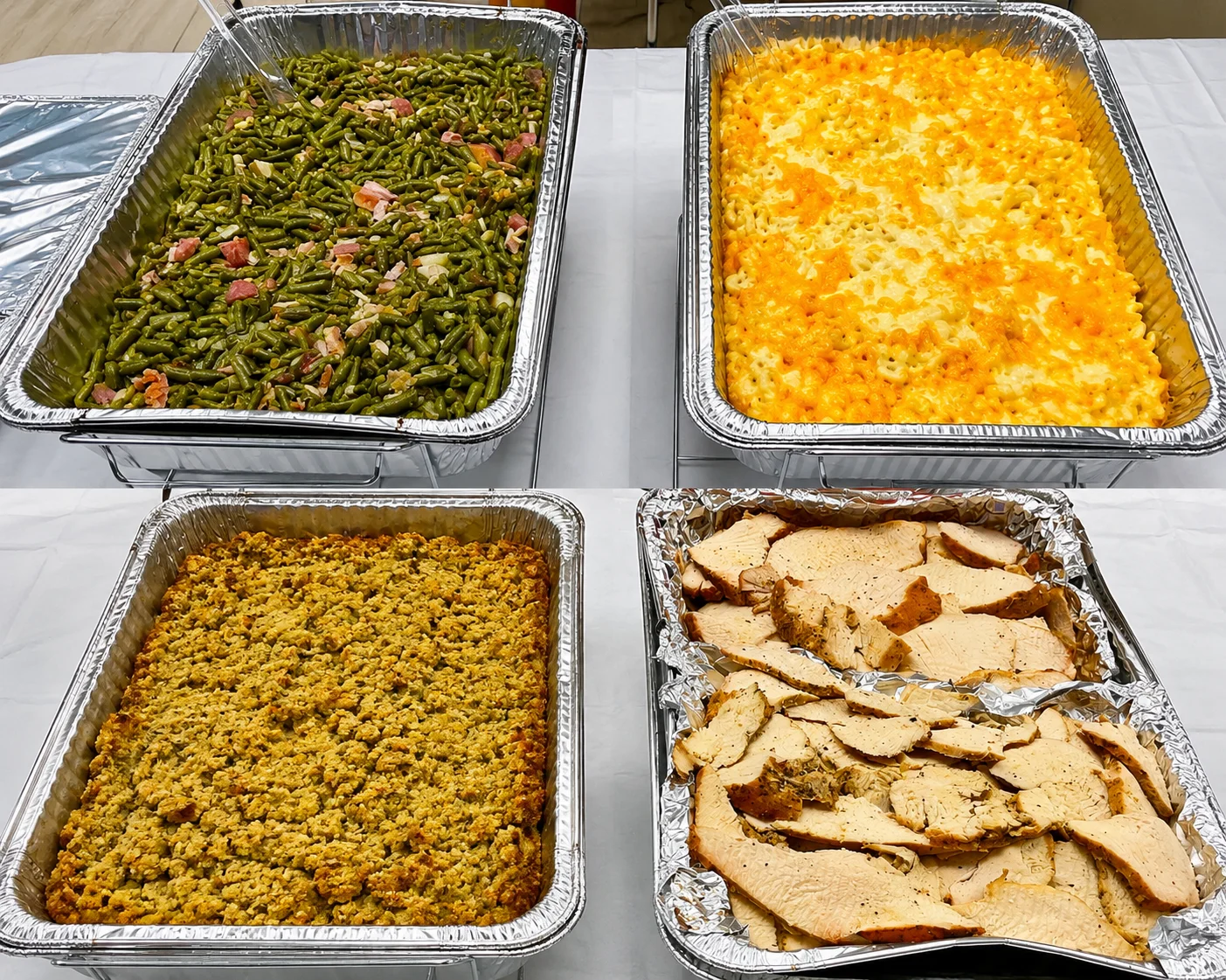 A spread of four trays of food, including green beans with bacon, macaroni and cheese, stuffing, and sliced turkey, all presented on a white table.